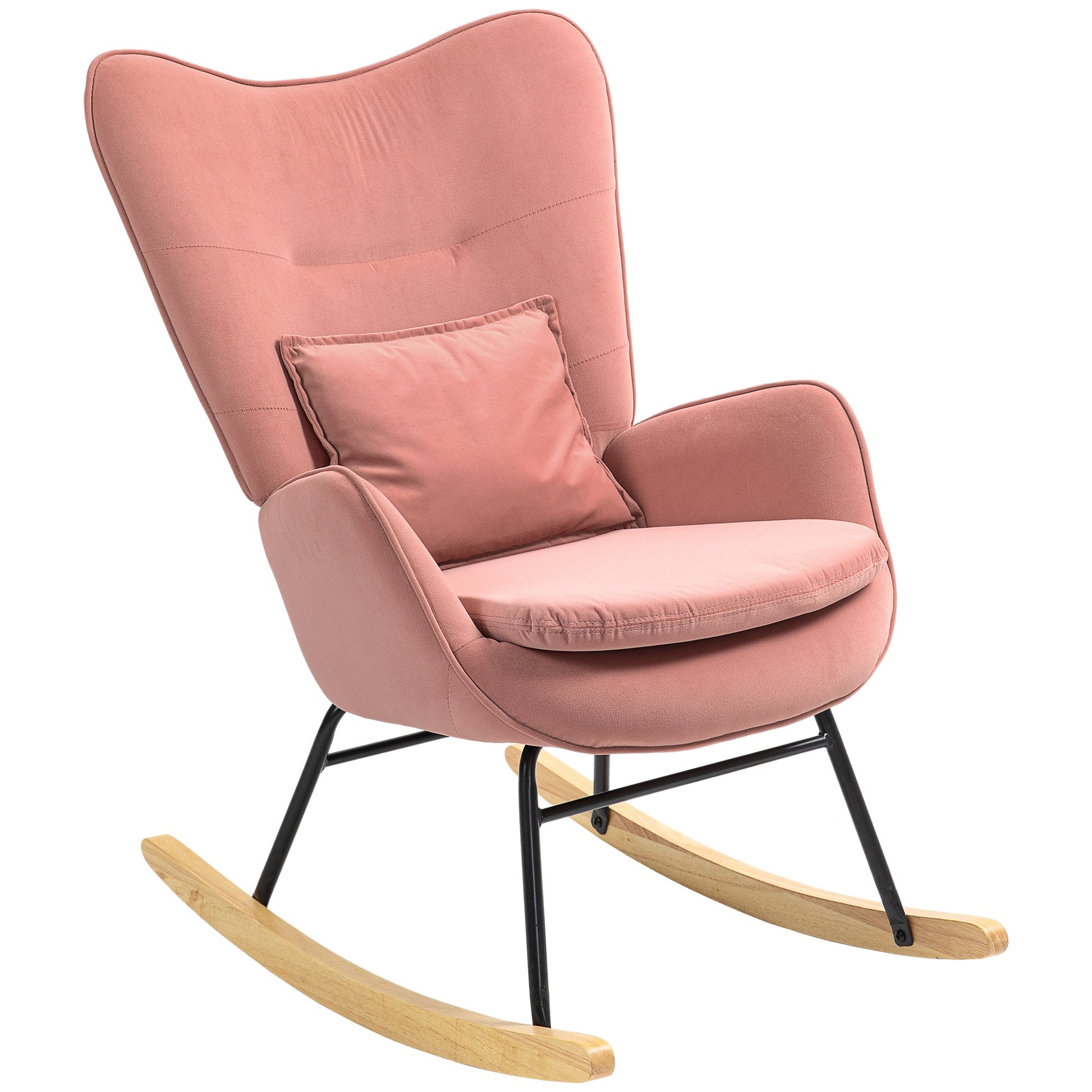 HOMCOM Velvet Rocking Chair with Lumbar Pillow, Rocker Armchair with Metal Legs and Wood Base for Living Room, Bedroom, Pink