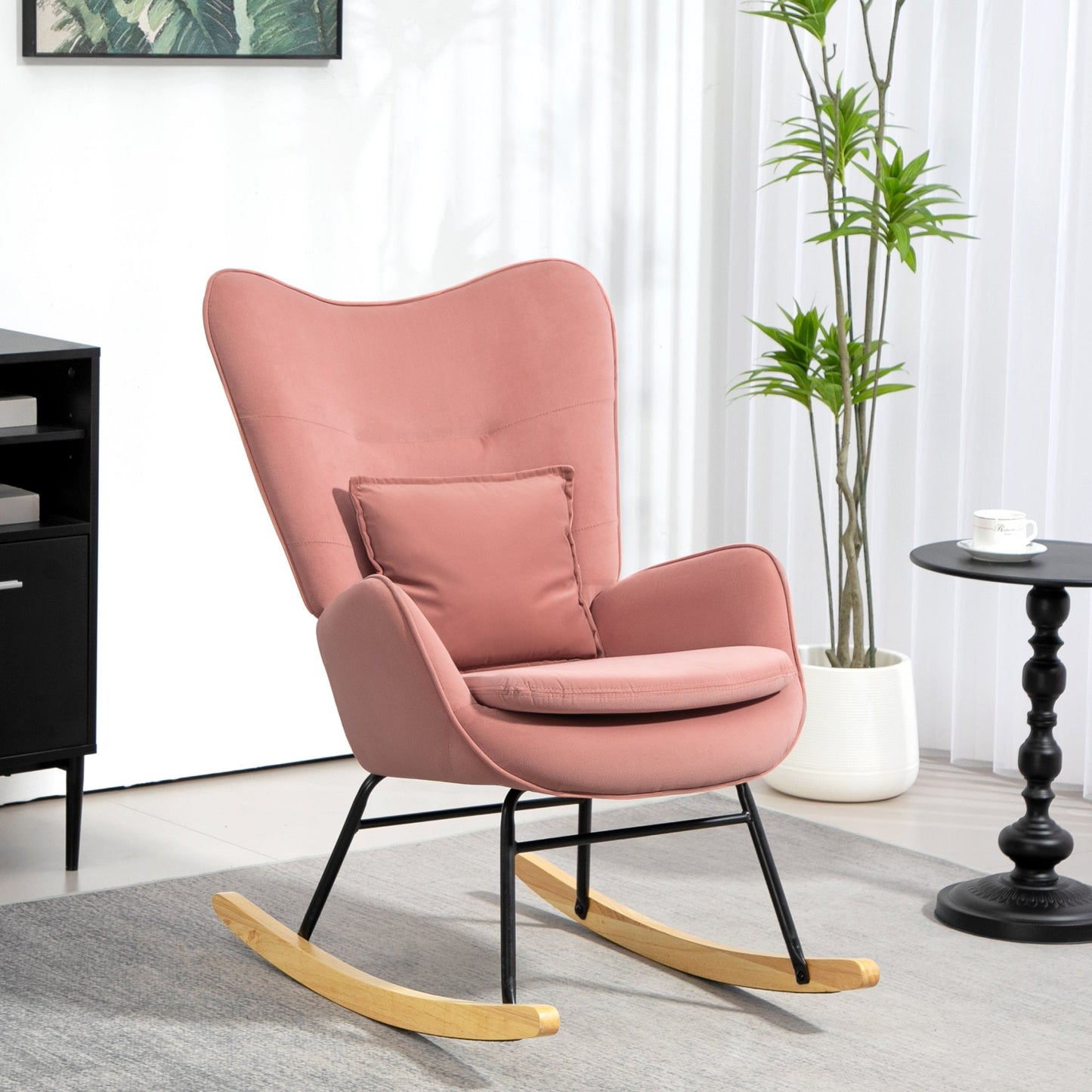HOMCOM Velvet Rocking Chair with Lumbar Pillow, Rocker Armchair with Metal Legs and Wood Base for Living Room, Bedroom, Pink