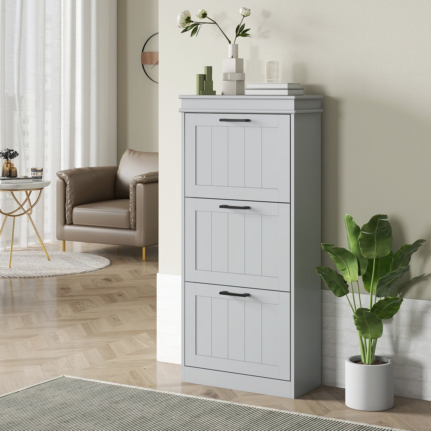 3 Drawers Entryway Shoe Cabinet, Narrow Shoe Storage Cabinet with 3 Flip Drawers and Adjustable Shelves for 15 Pairs of Shoes, Grey