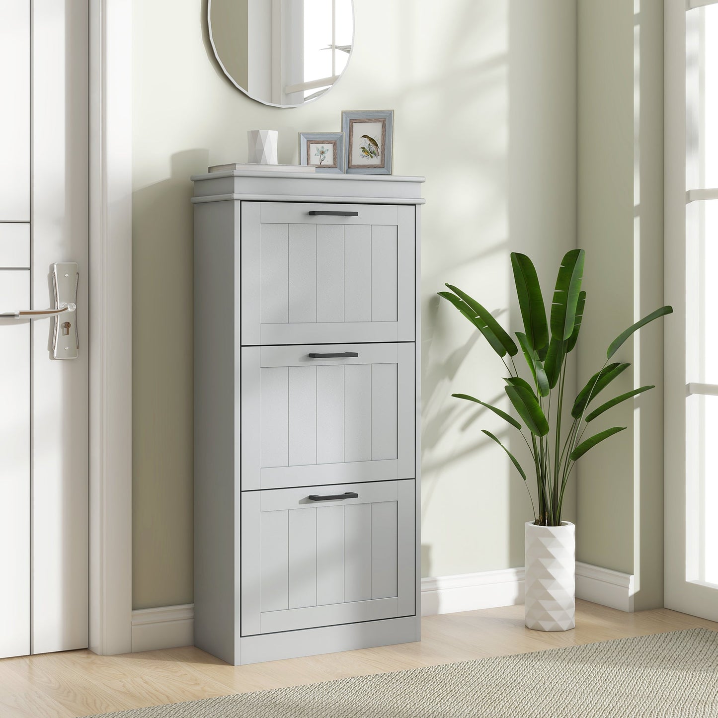 3 Drawers Entryway Shoe Cabinet, Narrow Shoe Storage Cabinet with 3 Flip Drawers and Adjustable Shelves for 15 Pairs of Shoes, Grey