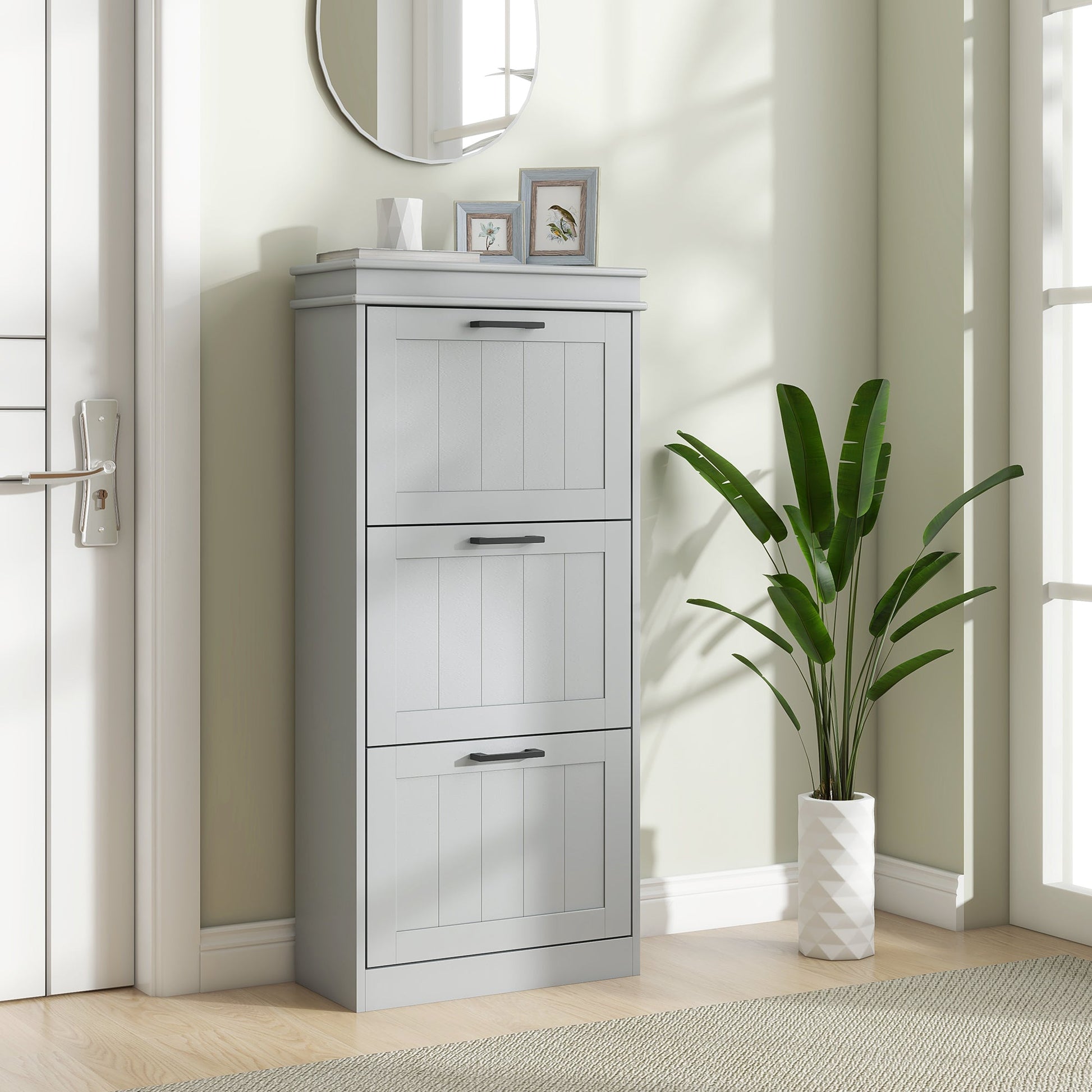 3 Drawers Entryway Shoe Cabinet, Narrow Shoe Storage Cabinet with 3 Flip Drawers and Adjustable Shelves for 15 Pairs of Shoes, Grey