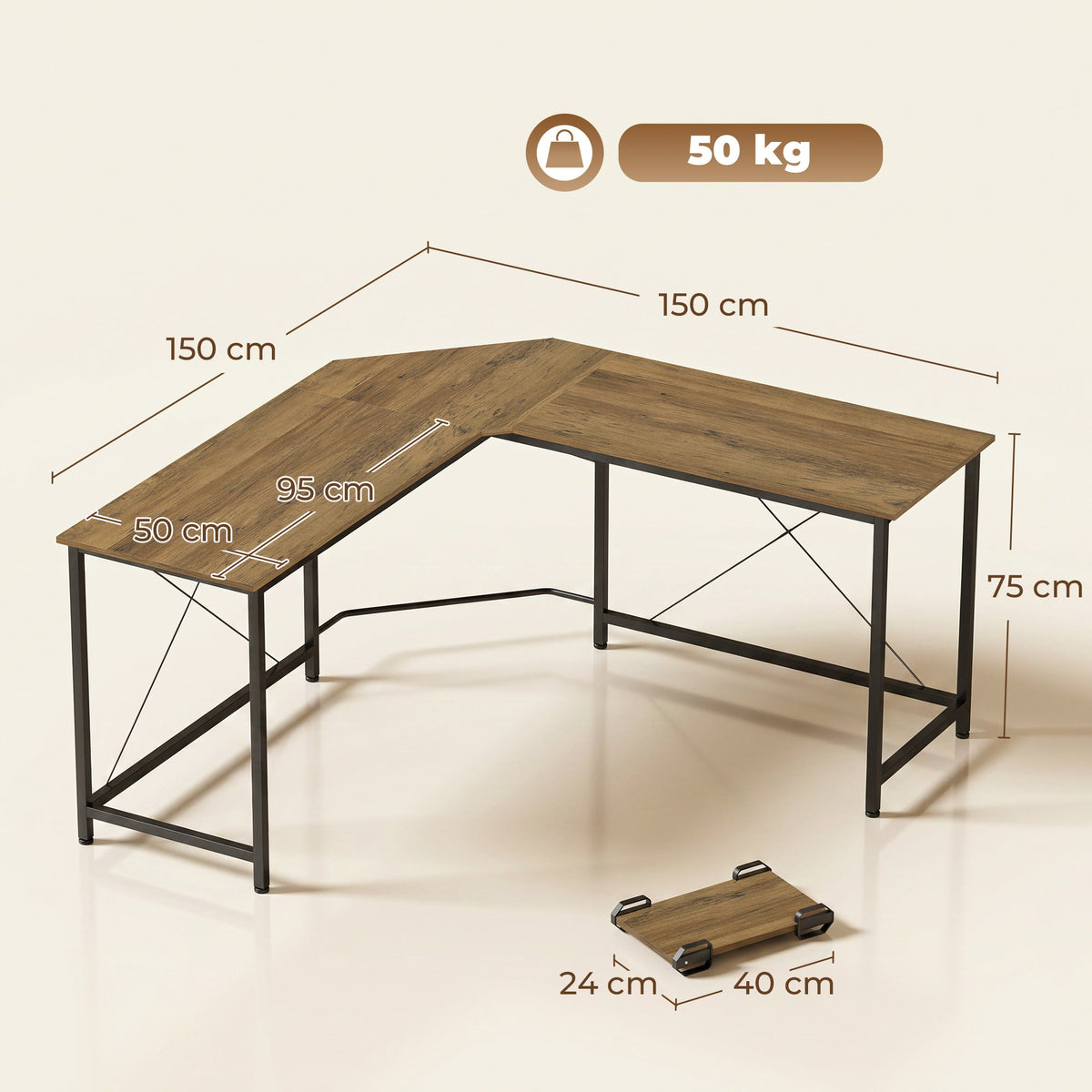 L-Shaped Desk, Gaming Desk, 150 x 150 x 75 cm, Corner Computer Desk for Study, Home Office, Bedroom, Grey Wood Effect