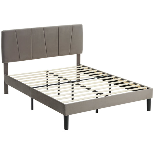 HOMCOM Double Bed Frame with 5-Level Adjustable Velvet Upholstered Headboard, Wooden Slats Mattress Foundation, No Box Spring Needed, Grey