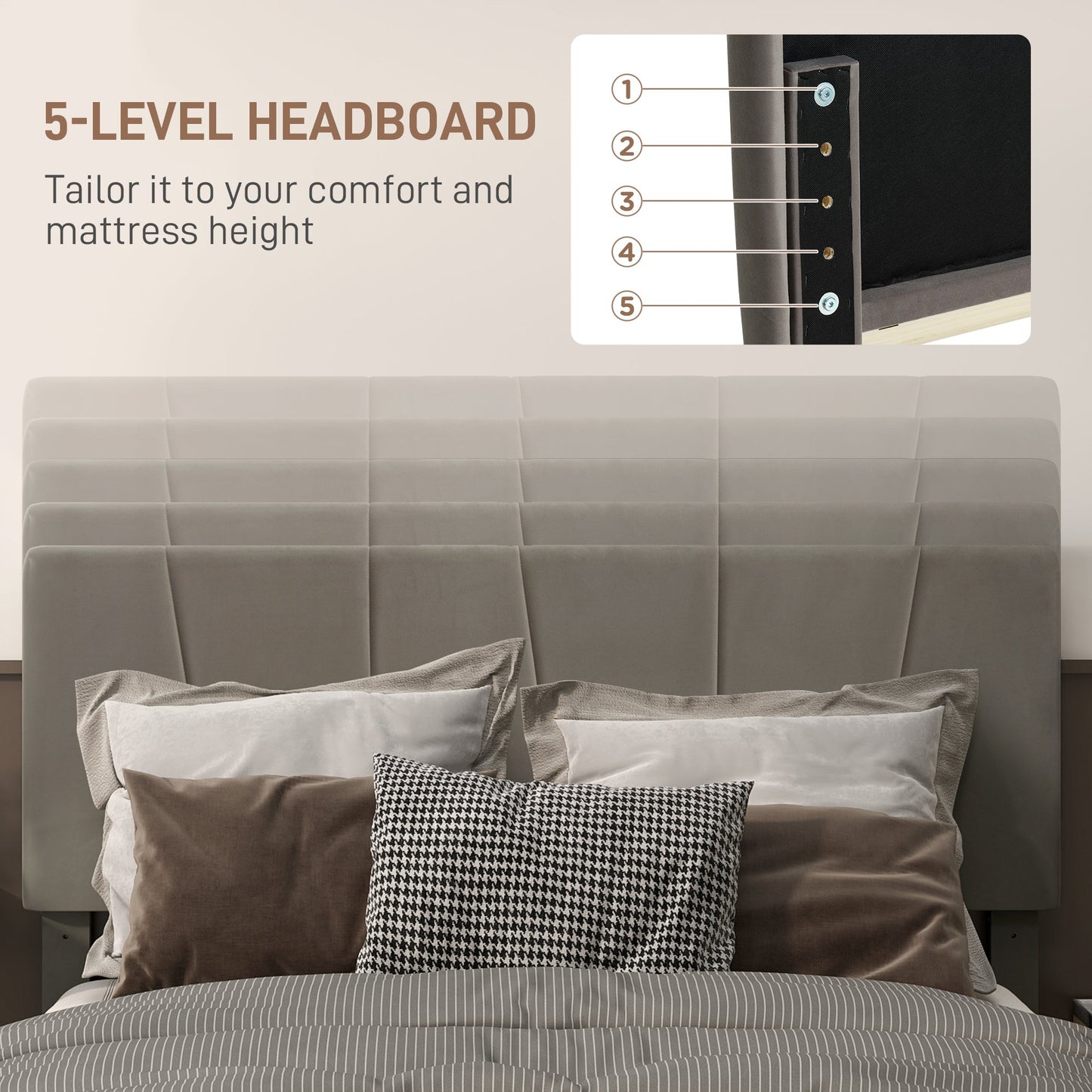 HOMCOM Double Bed Frame with 5-Level Adjustable Velvet Upholstered Headboard, Wooden Slats Mattress Foundation, No Box Spring Needed, Grey