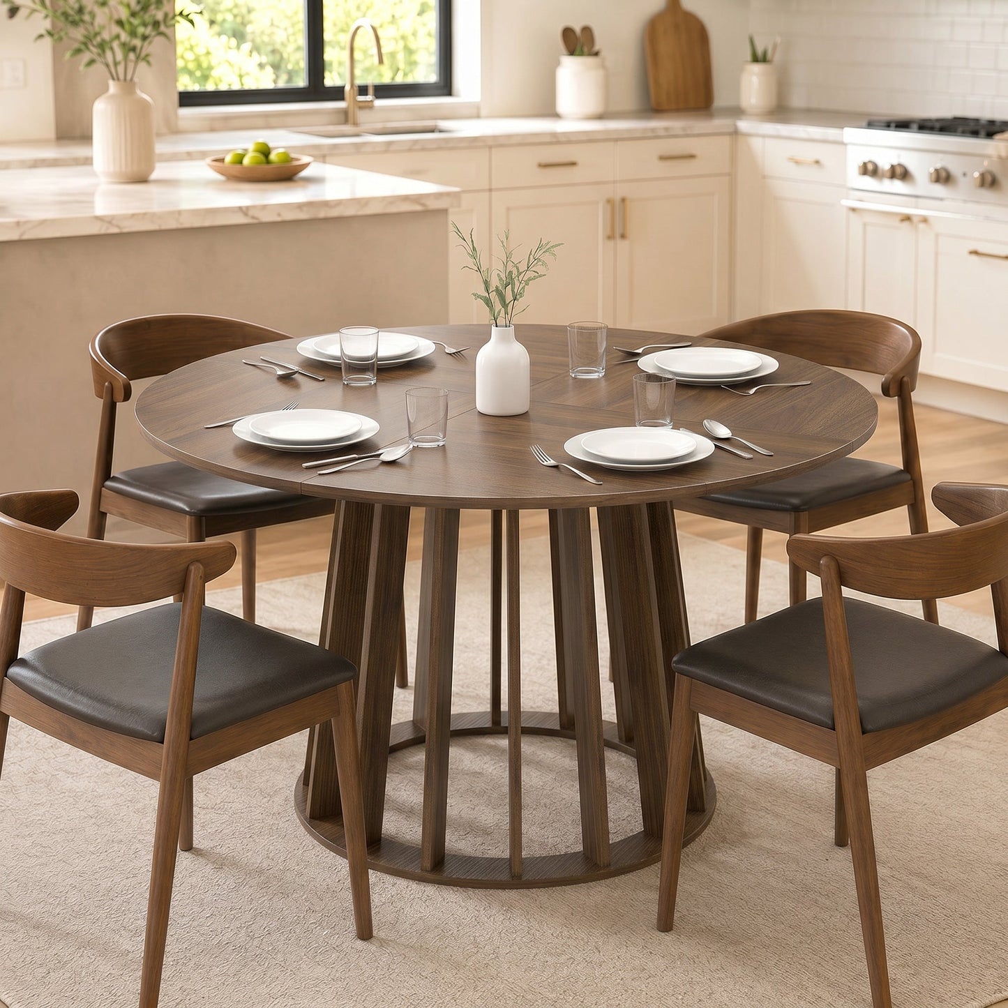 120 cm Round Dining Table for 4-6 People, Modern Kitchen Table with Slatted and Heavy Duty Pedestal Base for Dining Room, Kitchen, Living Room, Light Walnut