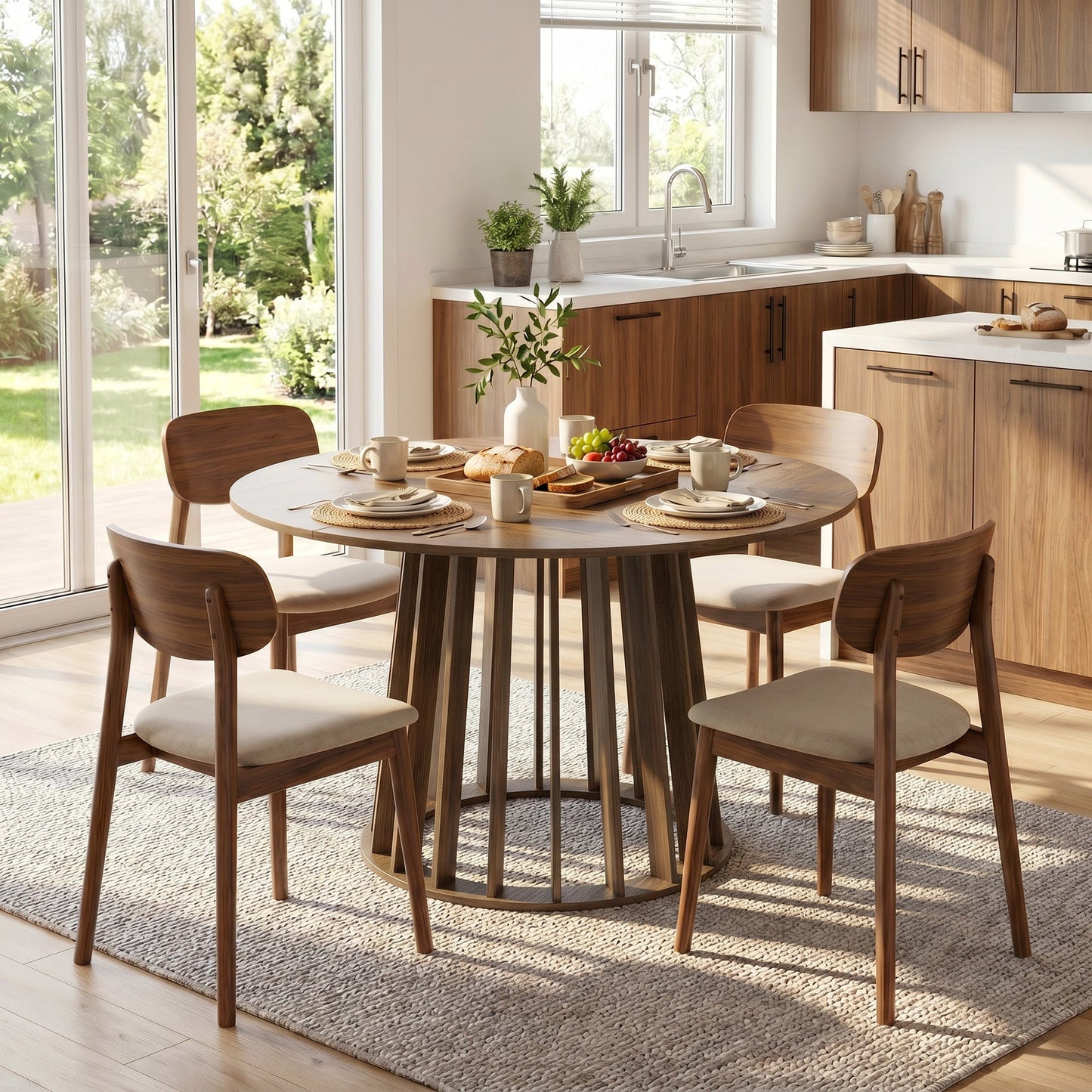 120 cm Round Dining Table for 4-6 People, Modern Kitchen Table with Slatted and Heavy Duty Pedestal Base for Dining Room, Kitchen, Living Room, Light Walnut