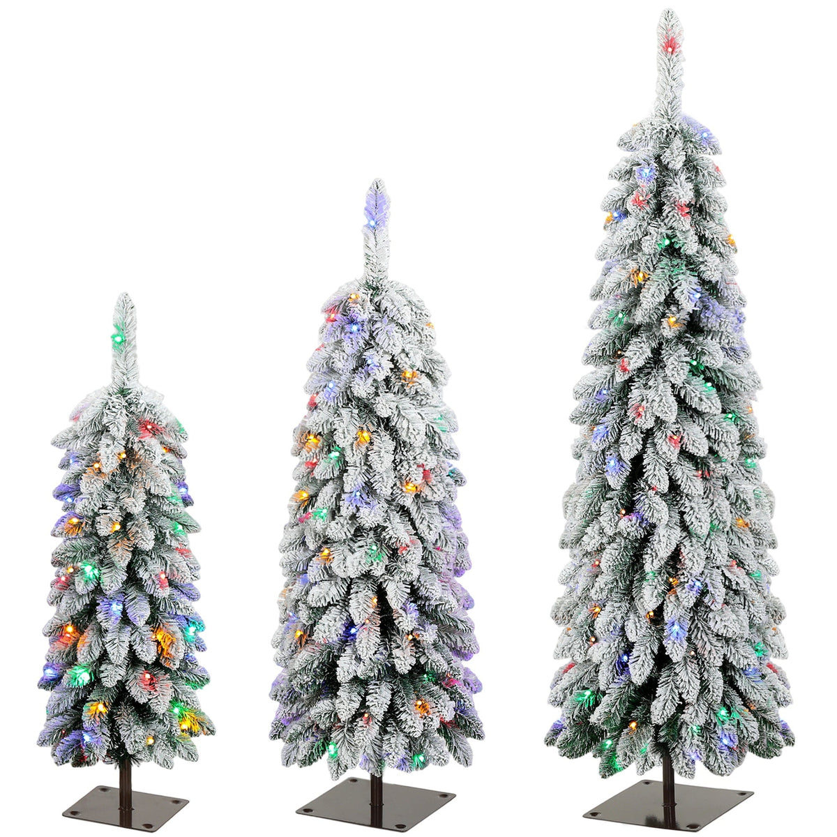 Artificial Christmas Tree Set of 3, Snowy Pre-Lit Christmas Trees with PVC Branch Tips and Multicolour LED Lights, Slim Pencil Xmas Decorations, 90/120/150 cm, Green White