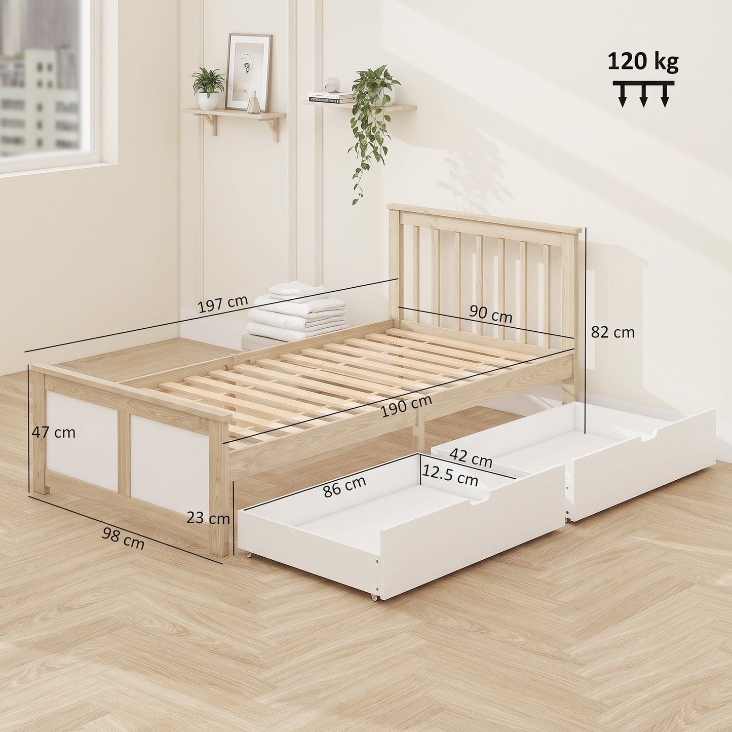 3ft Single Solid Wooden Bed Frame, Pine Storage Bed with Drawers, Headboard, Wood Slat Support, No Box Spring Needed, Easy Assembly, 90 x 190 cm, Natural Wood Finish