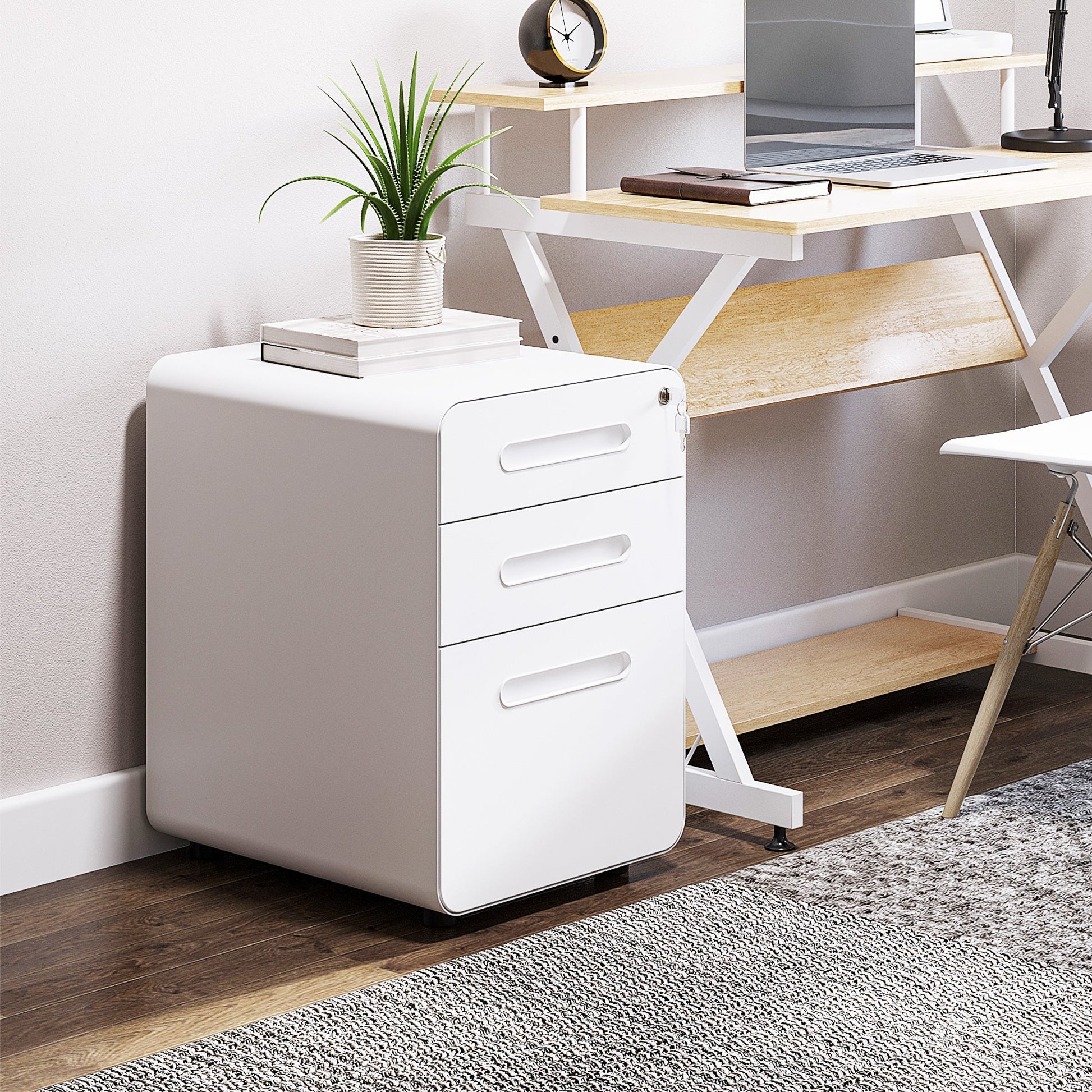 Vinsetto Lockable File Cabinet with 3 Drawers, Vertical Office Drawer for A4, Letter, Legal Size, Anti-tilt Design, Pre-Assembled Body, White