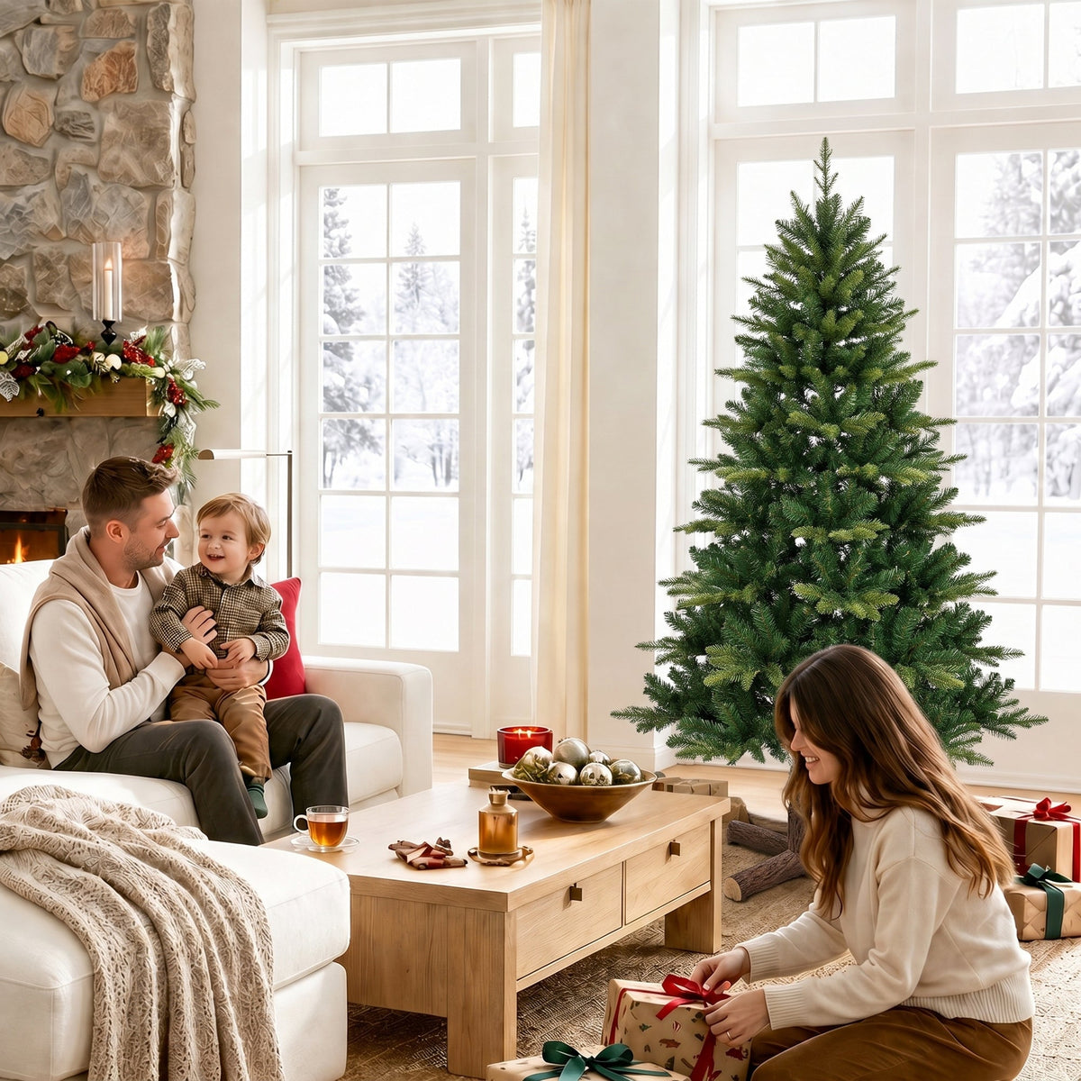 5ft Artificial Christmas Tree, Hinged Xmas Tree with 1620 PE & PVC Branch Tips, Solid Fir Wood Stand, Auto Open for Home Office Holiday Decoration, Green