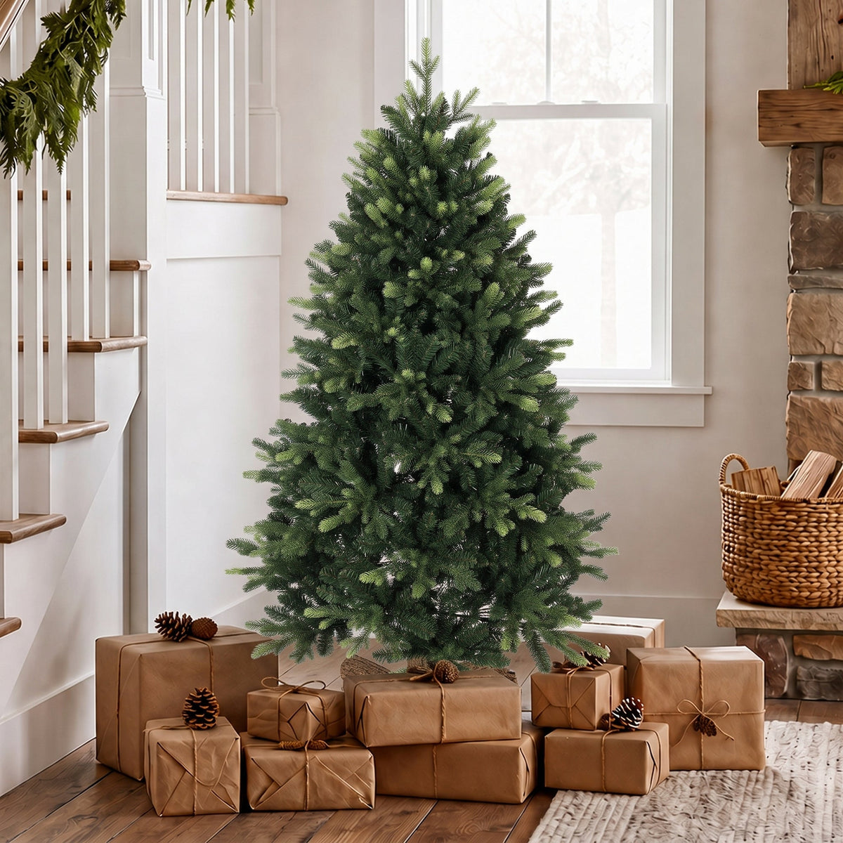 5ft Artificial Christmas Tree, Hinged Xmas Tree with 1620 PE & PVC Branch Tips, Solid Fir Wood Stand, Auto Open for Home Office Holiday Decoration, Green