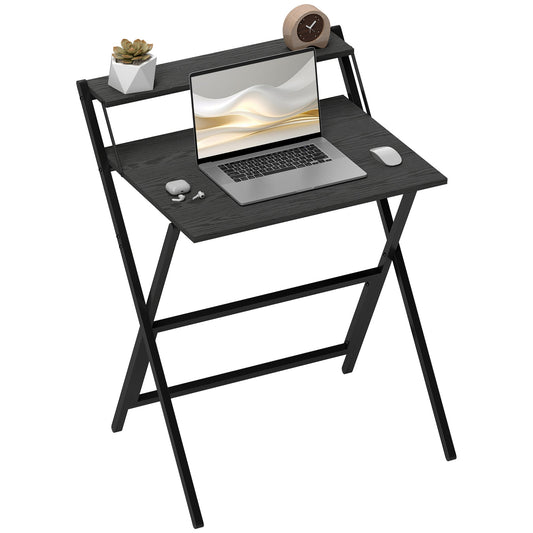 Folding Desk with Monitor Shelf, 70 cm Foldable Computer Desk for Small Spaces, Space Saving Writing Table Workstation for Home Office, Study, Easy Assembly, Black