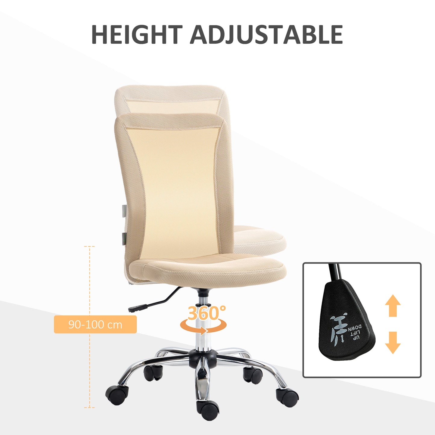 Vinsetto Office Chair, Armless Desk Chair, Adjustable Computer Swivel Chair with Rolling Wheels and Mesh Back for Home Work Study, Beige