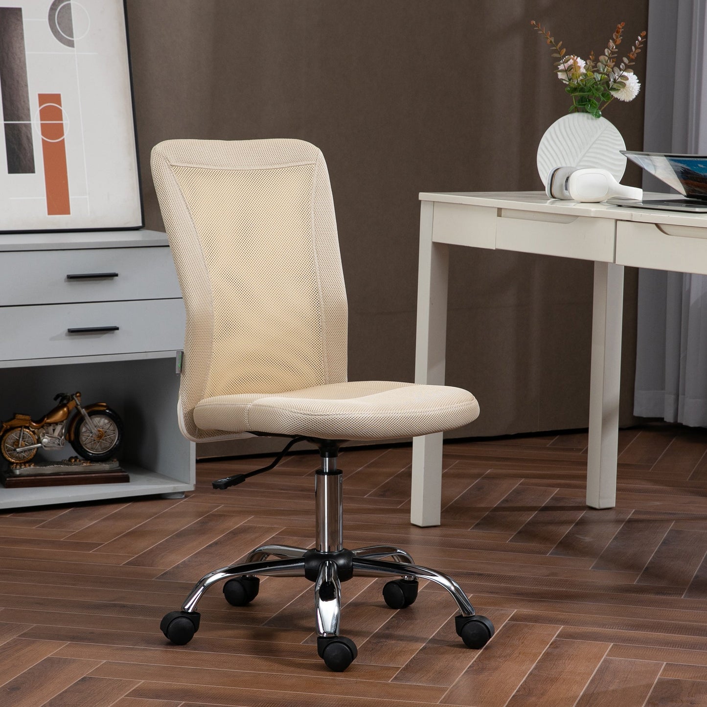 Vinsetto Office Chair, Armless Desk Chair, Adjustable Computer Swivel Chair with Rolling Wheels and Mesh Back for Home Work Study, Beige