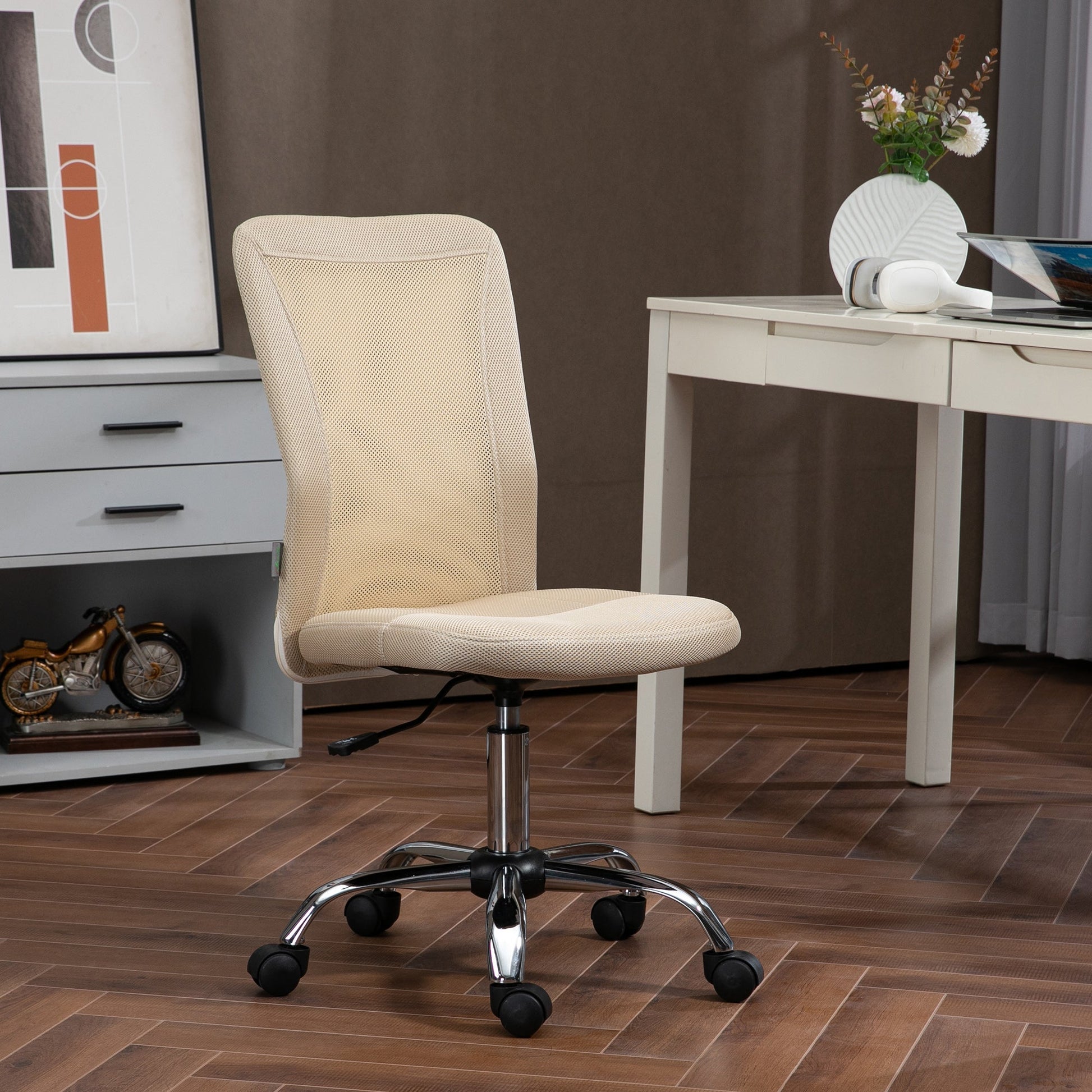 Vinsetto Office Chair, Armless Desk Chair, Adjustable Computer Swivel Chair with Rolling Wheels and Mesh Back for Home Work Study, Beige