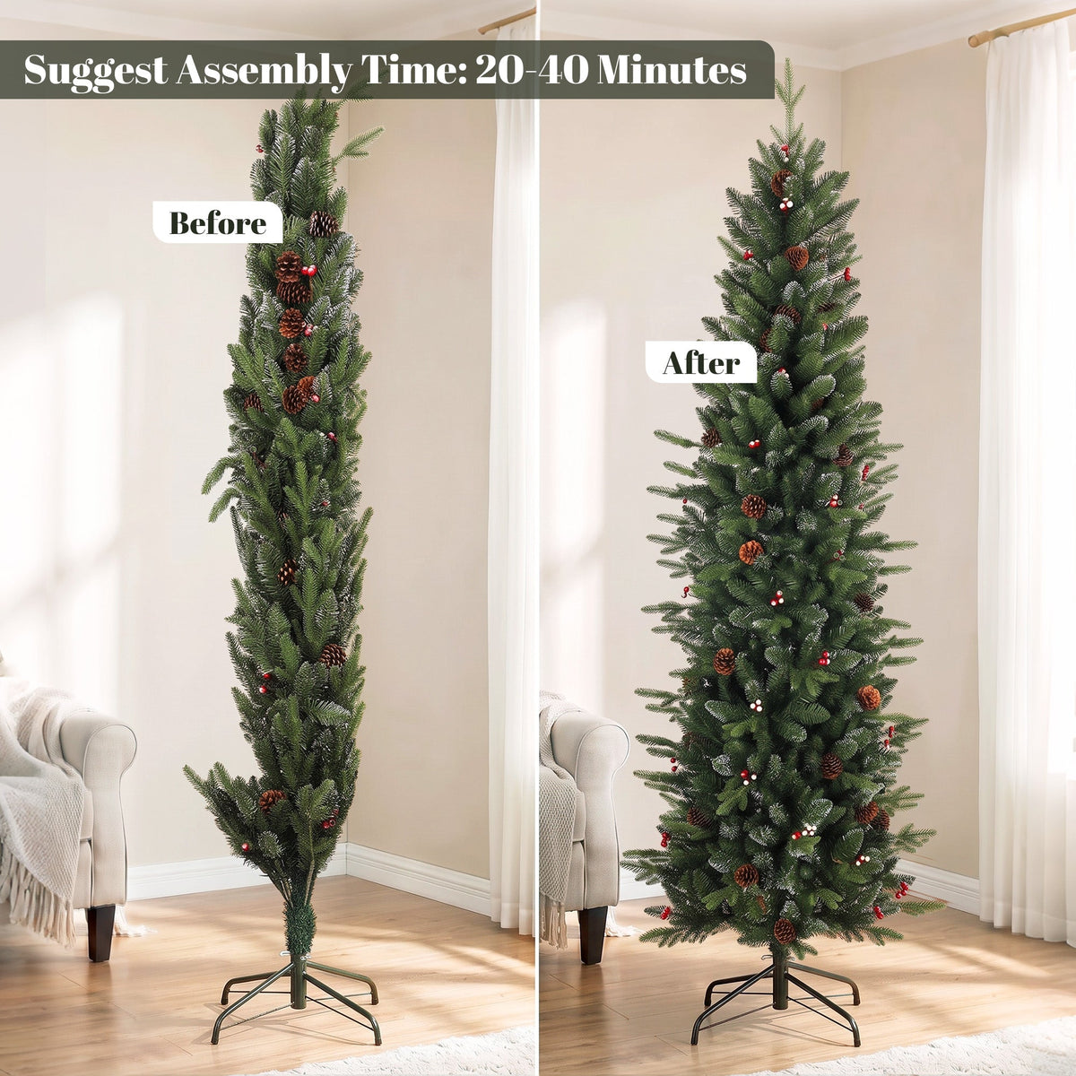7ft/210cm Artificial Christmas Tree, Slim Gracious Pine Xmas Tree with 904 Branch Tips, Foldable Steel Stand, Easy Assembly for Home Office Holiday Decoration, Green