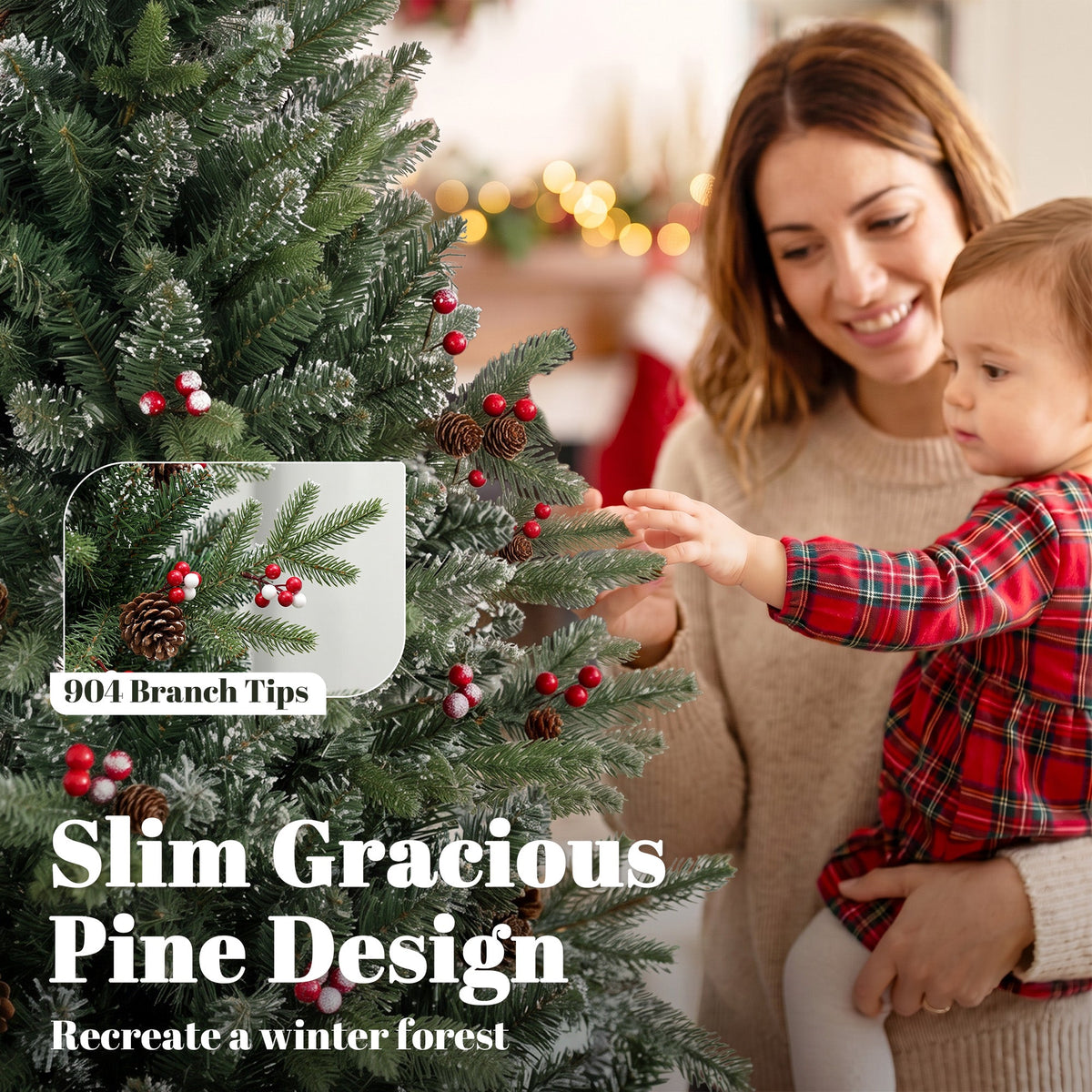 7ft/210cm Artificial Christmas Tree, Slim Gracious Pine Xmas Tree with 904 Branch Tips, Foldable Steel Stand, Easy Assembly for Home Office Holiday Decoration, Green