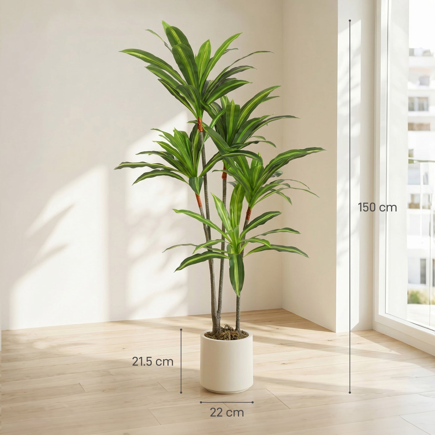 Set of 2 150cm Artificial Dracaena Trees, Decorative Artificial Plants with Bendable Trunks and White Planters for Living Room Bedroom Home Office Decor, Green