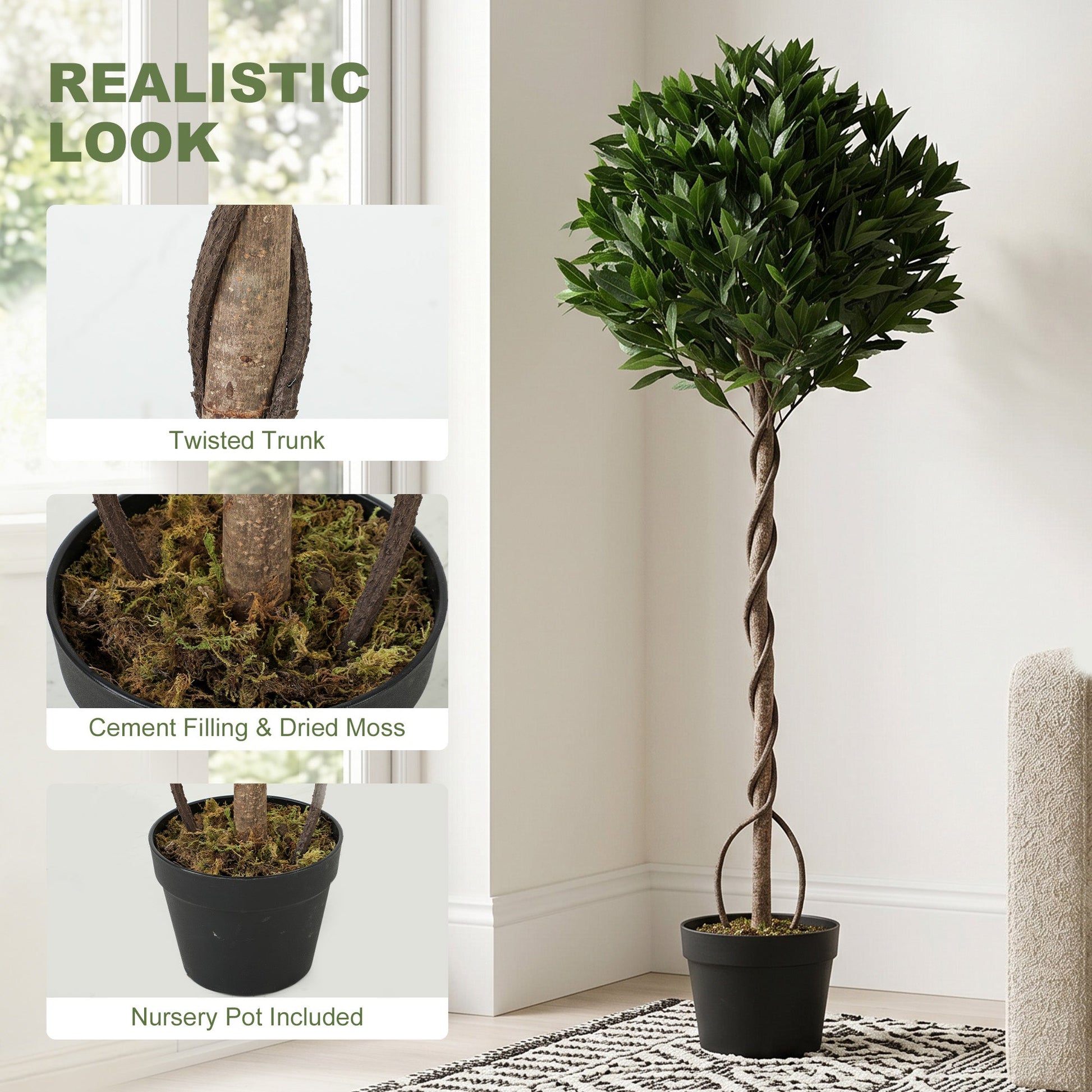 Artificial Bay Laurel Topiary Trees with Twisted Trunk, Realistic Lush Topiary Ball Tree with Weighted Pot, 150cm Indoor Greenery Plant for Home Office Decor, Set of 2, Green