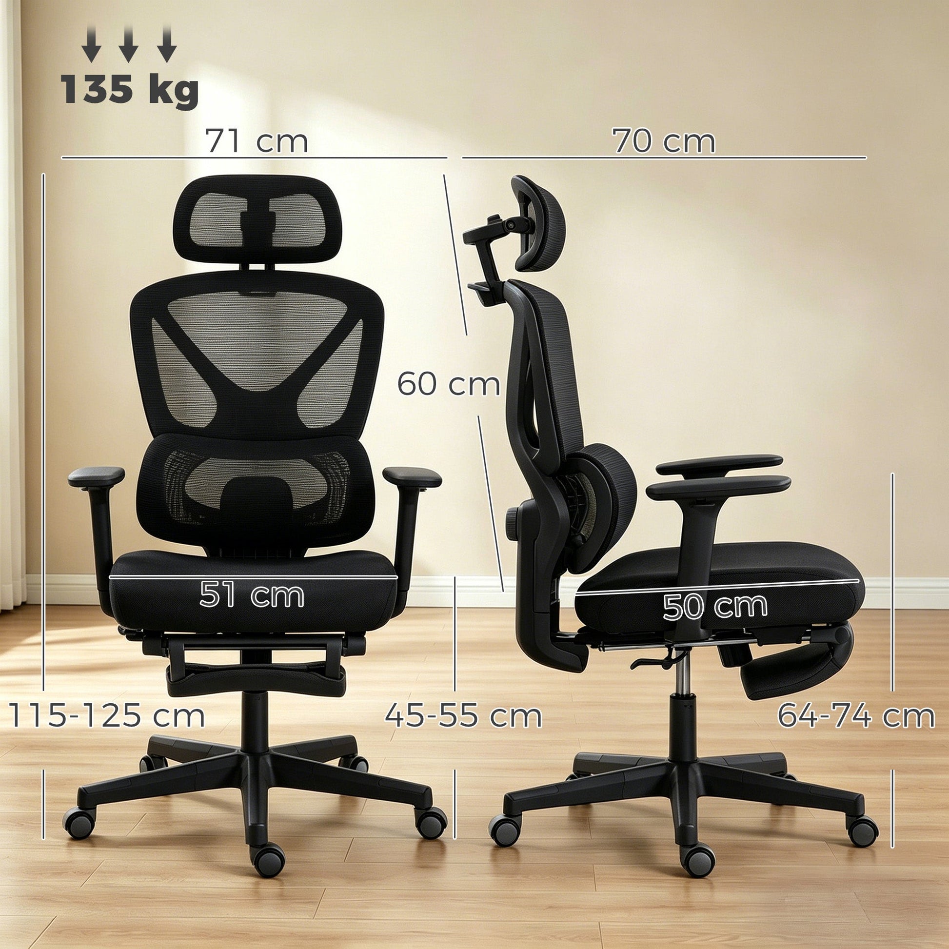 Ergonomic Office Chair, Mesh Desk Chair with 3D Armrests, Rotatable Headrest, Adjustable Lumbar Support, Coat Hanger, Recliner Computer Swivel Chair with Footrest for Home Office, Black