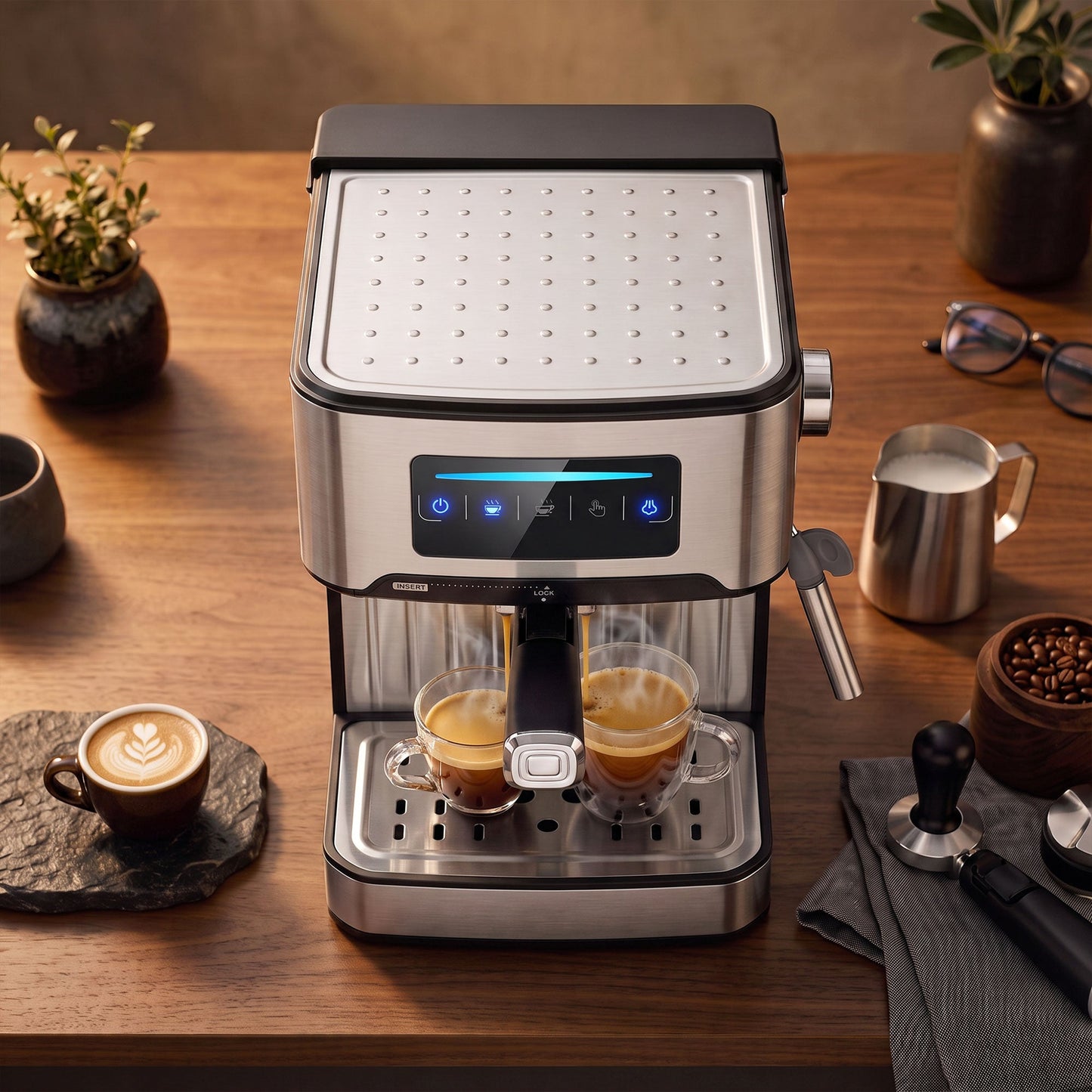 Espresso Machine with Milk Frother Wand, 1.6 L Water Tank, 850W Semi Automatic 20 Bar Coffee Machine, Latte Cappuccino Maker with Single/Double/Manual Shot, LED Touch, Hot Water, Cup Warming