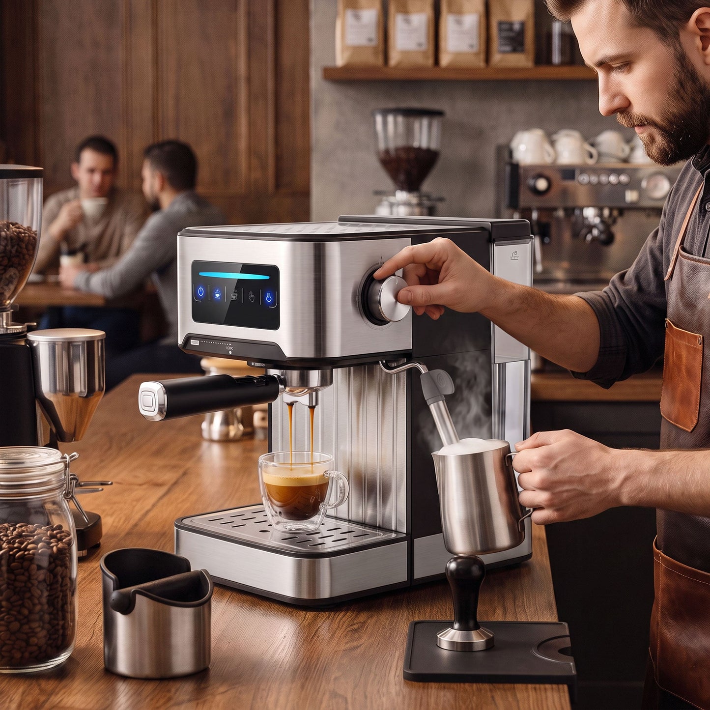 Espresso Machine with Milk Frother Wand, 1.6 L Water Tank, 850W Semi Automatic 20 Bar Coffee Machine, Latte Cappuccino Maker with Single/Double/Manual Shot, LED Touch, Hot Water, Cup Warming