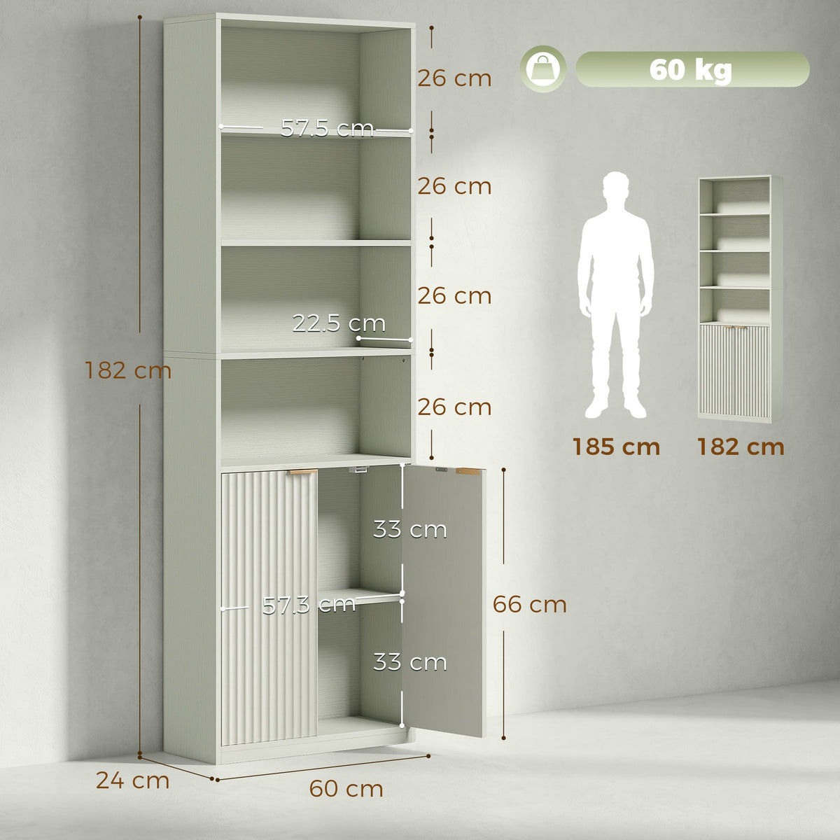 Slim Bookcase, 6-Tier Tall Bookshelf, Freestanding Shelving Unit with Cabinet, Adjustable Shelf, 60 x 24 x 182 cm for Living Room, Study, Home Office, Light Green