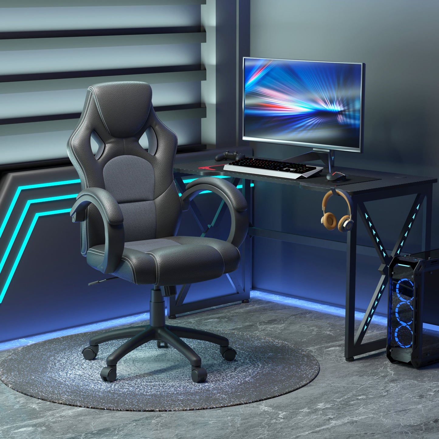 Vinsetto High-Back Gaming Chair Faux Leather Swivel Computer Racing Gamer Desk Chair for Home Office with Wheels, Gray