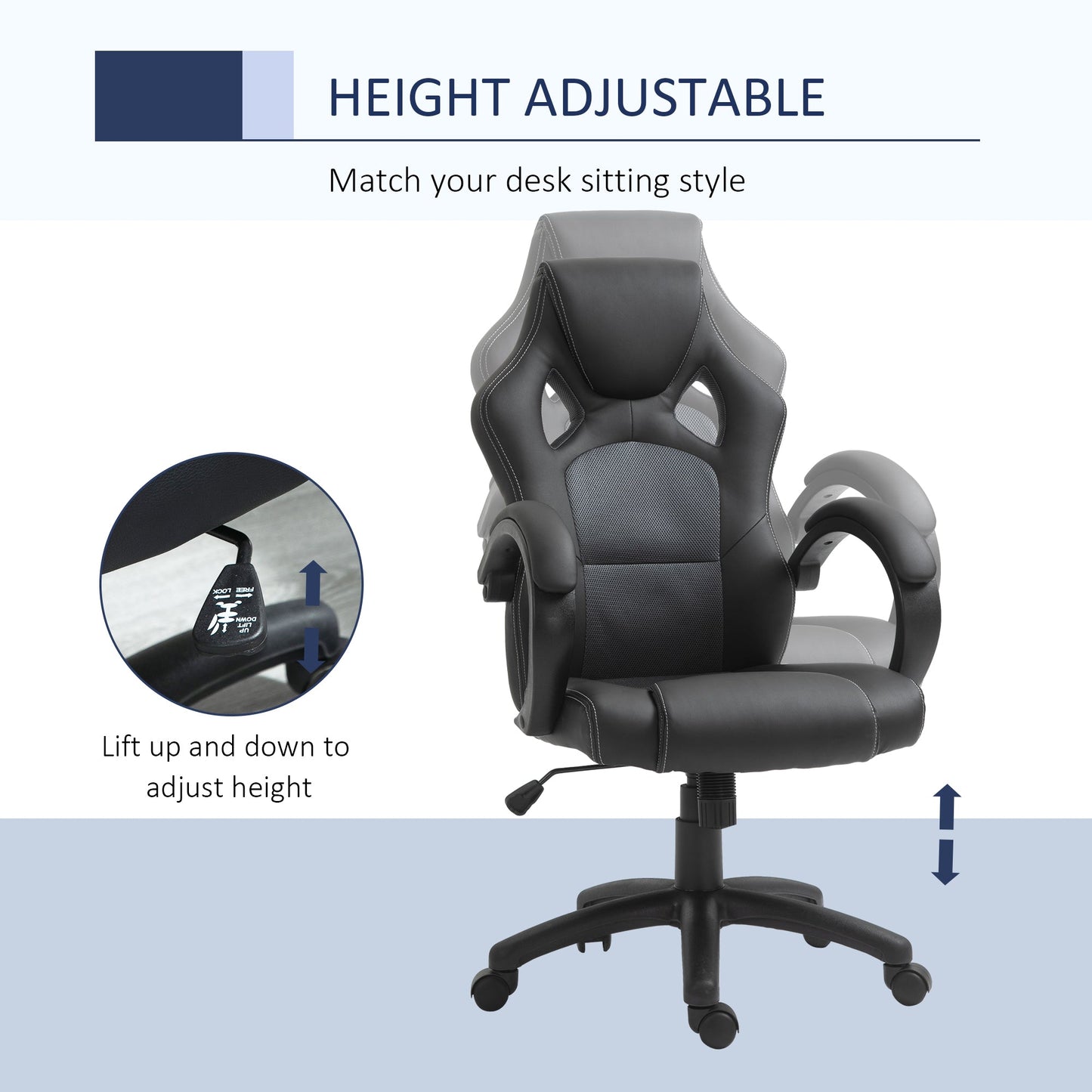 Vinsetto High-Back Gaming Chair Faux Leather Swivel Computer Racing Gamer Desk Chair for Home Office with Wheels, Gray