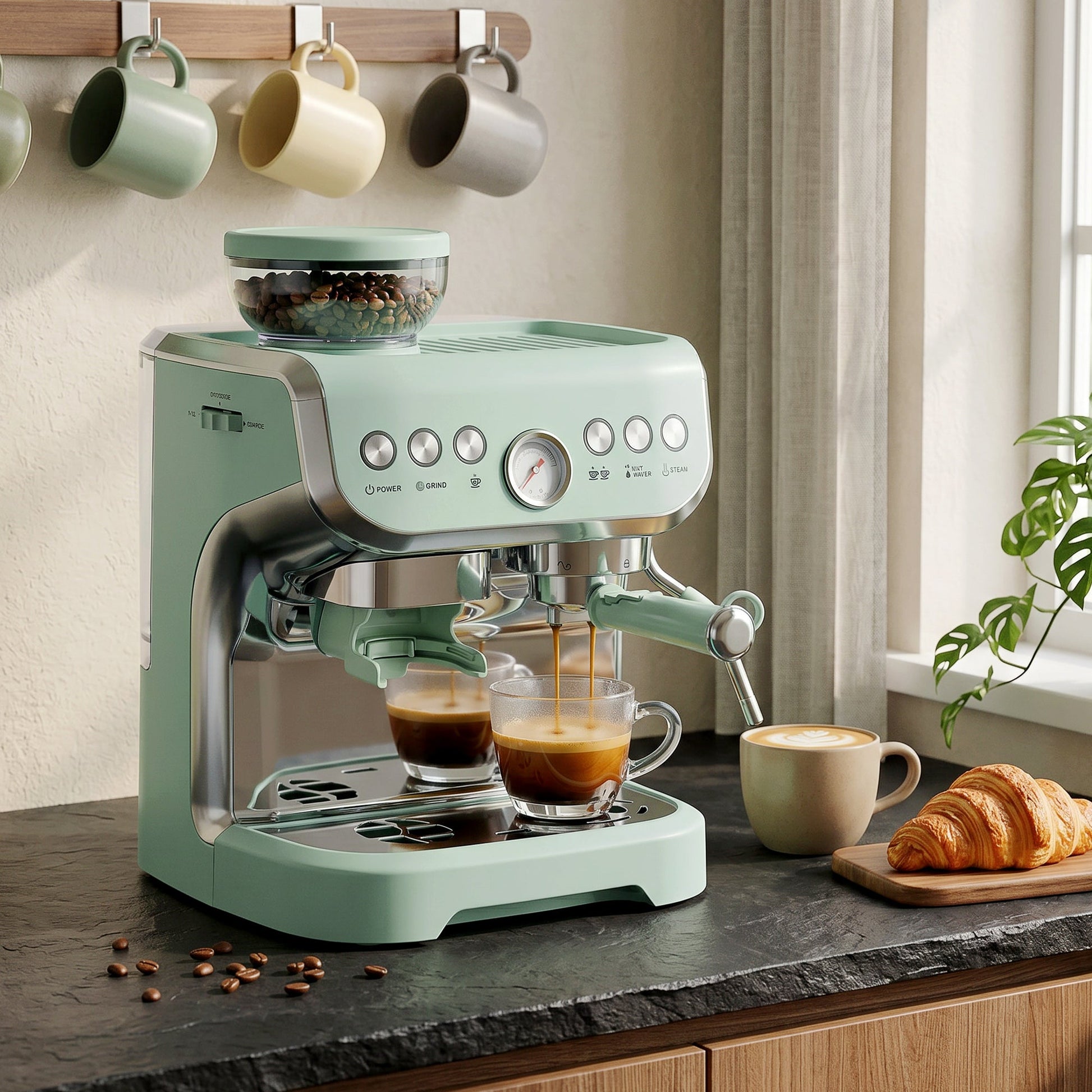 Espresso Machine with Integrated Bean Grinder & Steam Wand, Bean to Cup Coffee Machine with 15 Bar Italian Pump, 2L Water Tank, Cappuccino Maker, Stainless Steel, Light Green