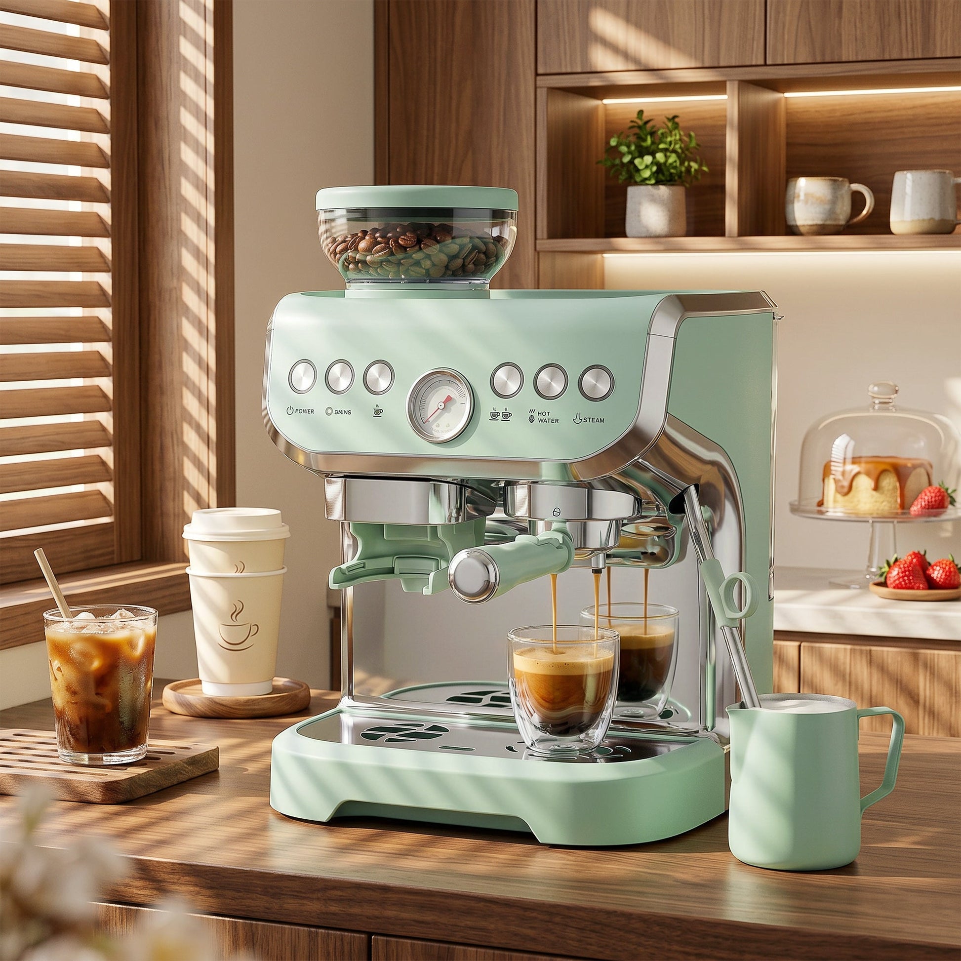 Espresso Machine with Integrated Bean Grinder & Steam Wand, Bean to Cup Coffee Machine with 15 Bar Italian Pump, 2L Water Tank, Cappuccino Maker, Stainless Steel, Light Green