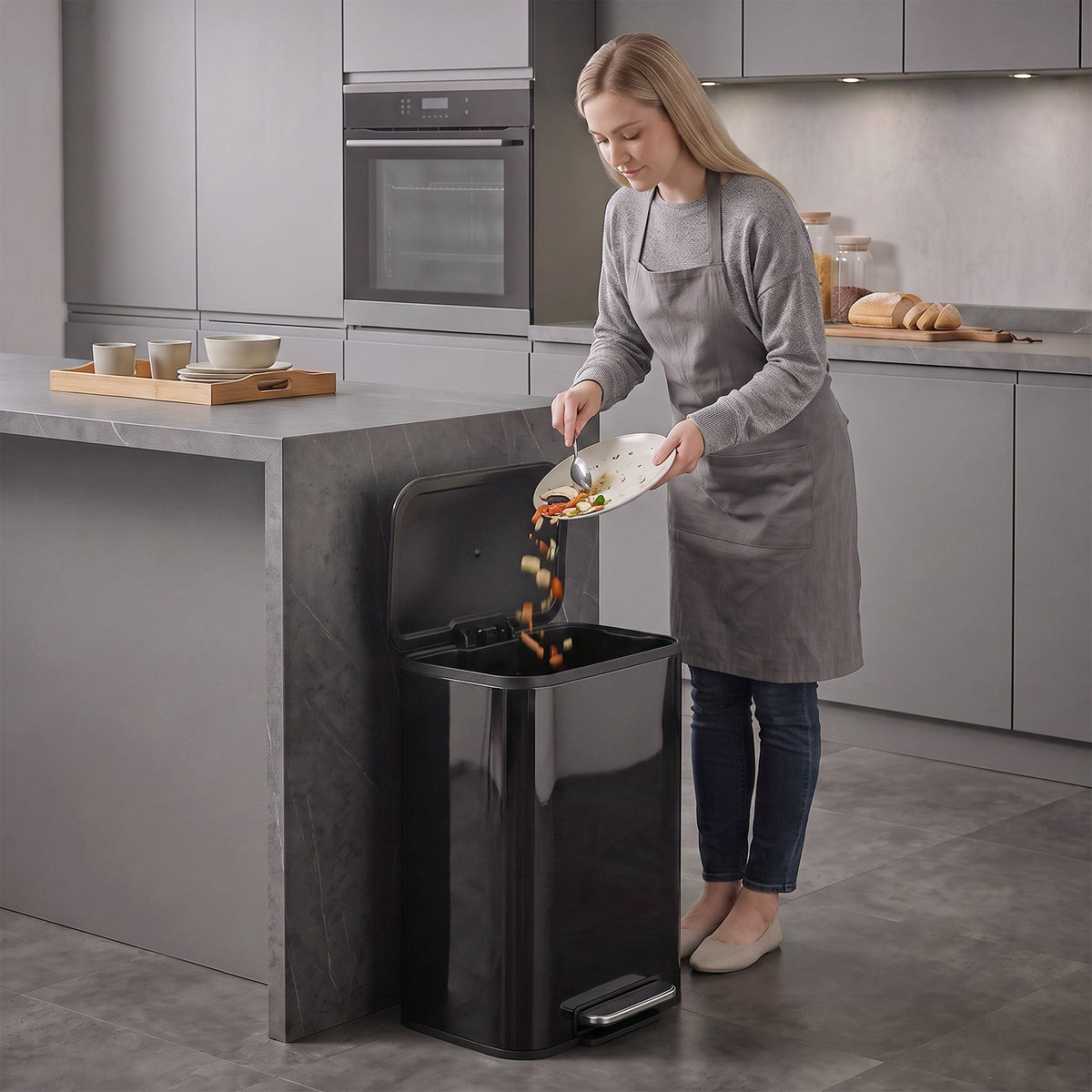 50L Kitchen Bin, Metal Rectangular Pedal Rubbish Bin with Soft Close and Stay-Open Lid, Removable Inner Bucket for Kitchen, Home, Office, Recycling, High Gloss Black