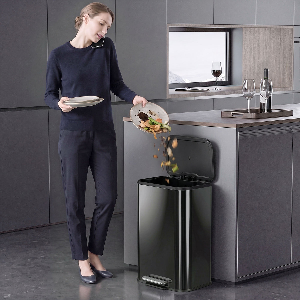 50L Kitchen Bin, Metal Rectangular Pedal Rubbish Bin with Soft Close and Stay-Open Lid, Removable Inner Bucket for Kitchen, Home, Office, Recycling, High Gloss Black