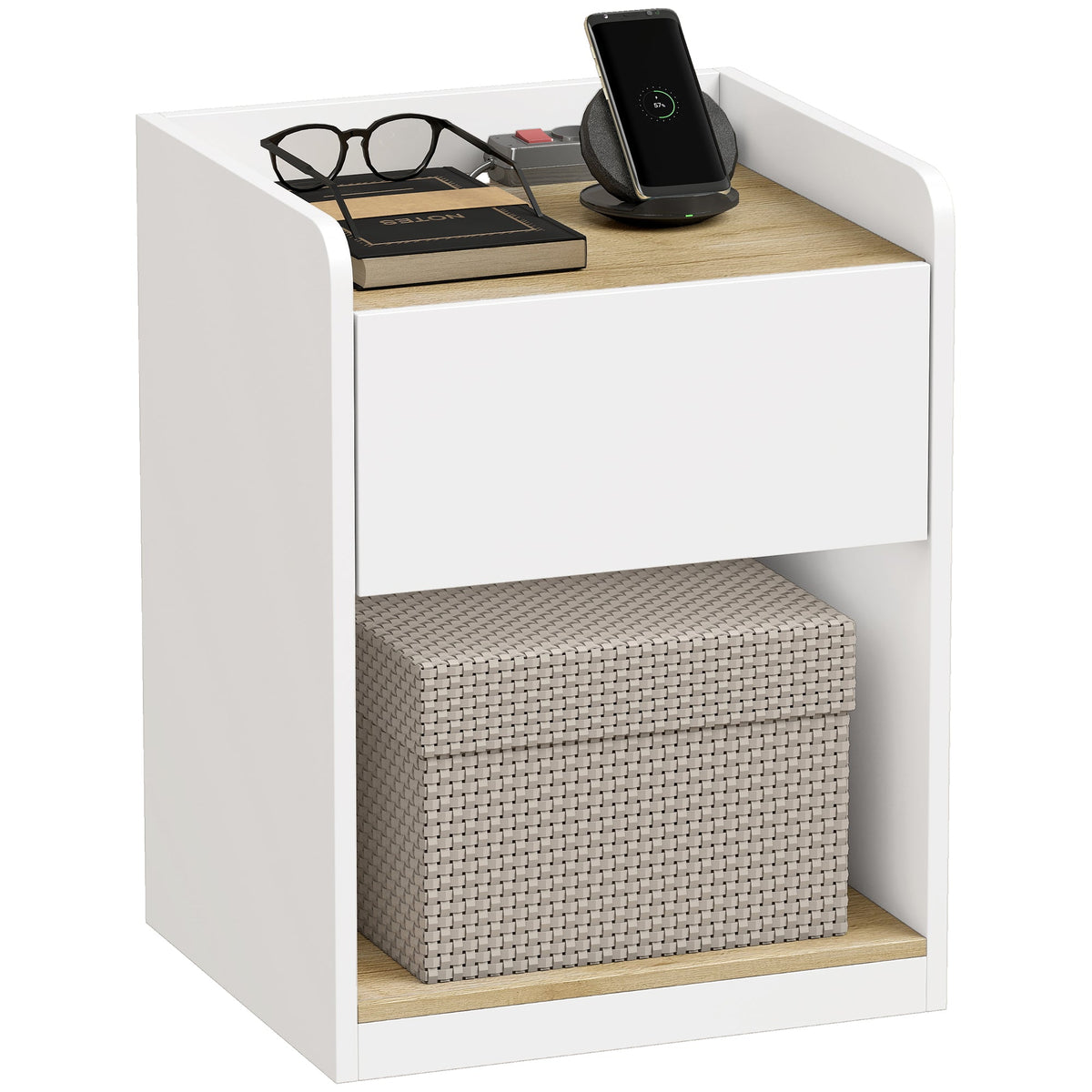 Modern Bedside Table, Slim Nightstand with Drawer, Shelf and Cable Holes, Bedside Cabinet for Bedroom, Living Room, White and Oak