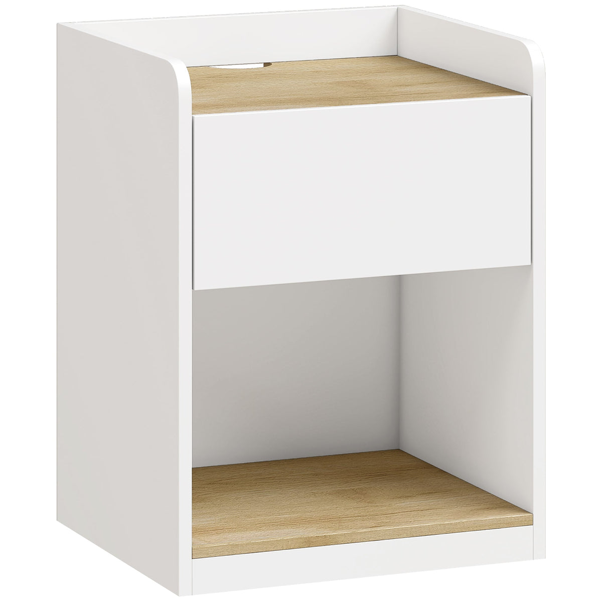 Modern Bedside Table, Slim Nightstand with Drawer, Shelf and Cable Holes, Bedside Cabinet for Bedroom, Living Room, White and Oak