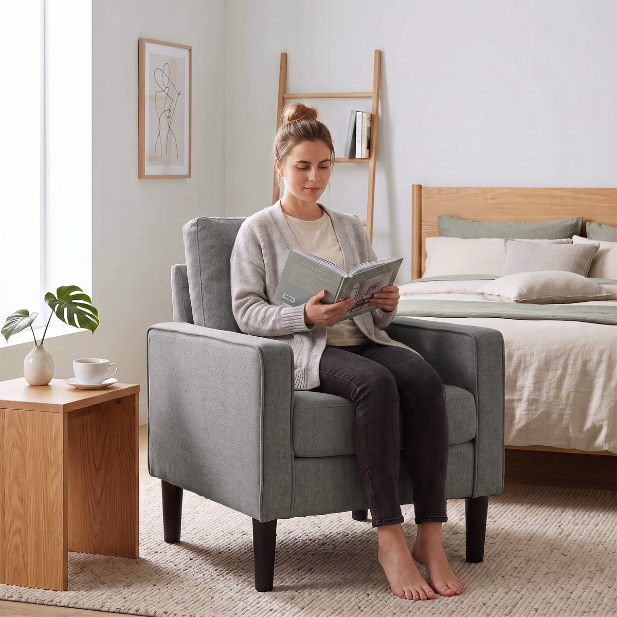 Armchair, Removable Pillow Linen Accent Chair, Comfy Spring Cushion Reading Lounge for Living Room, Bedroom, Study, Dark Grey