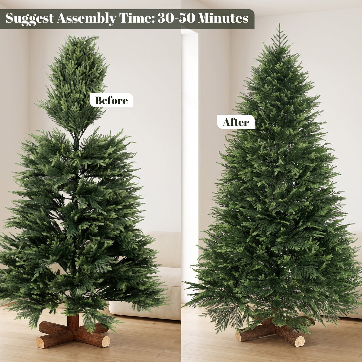 6ft Artificial Christmas Tree, Hinged Xmas Tree with Dense 751 PE & PVC Branch Tips, Realistic Fir Wood Base, Auto Open for Home Office Decor, Green