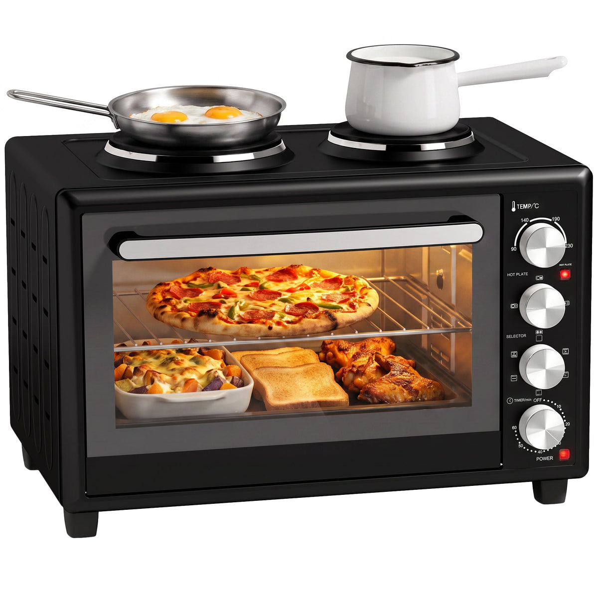 36L Mini Oven with Dual Hot Plates, Electric Countertop Cooker with Convection, 90–230°C Adjustable Temperature, 60 Minute Timer, Portable Oven with Wire Rack & Baking Tray, 1500W, Black