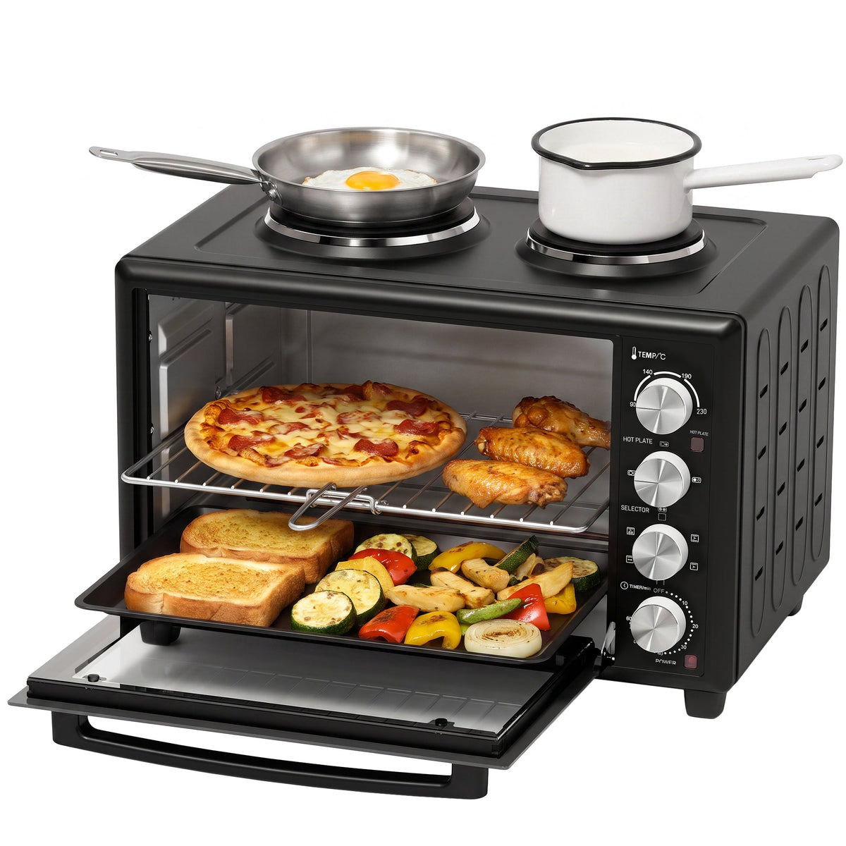 36L Mini Oven with Dual Hot Plates, Electric Countertop Cooker with Convection, 90–230°C Adjustable Temperature, 60 Minute Timer, Portable Oven with Wire Rack & Baking Tray, 1500W, Black