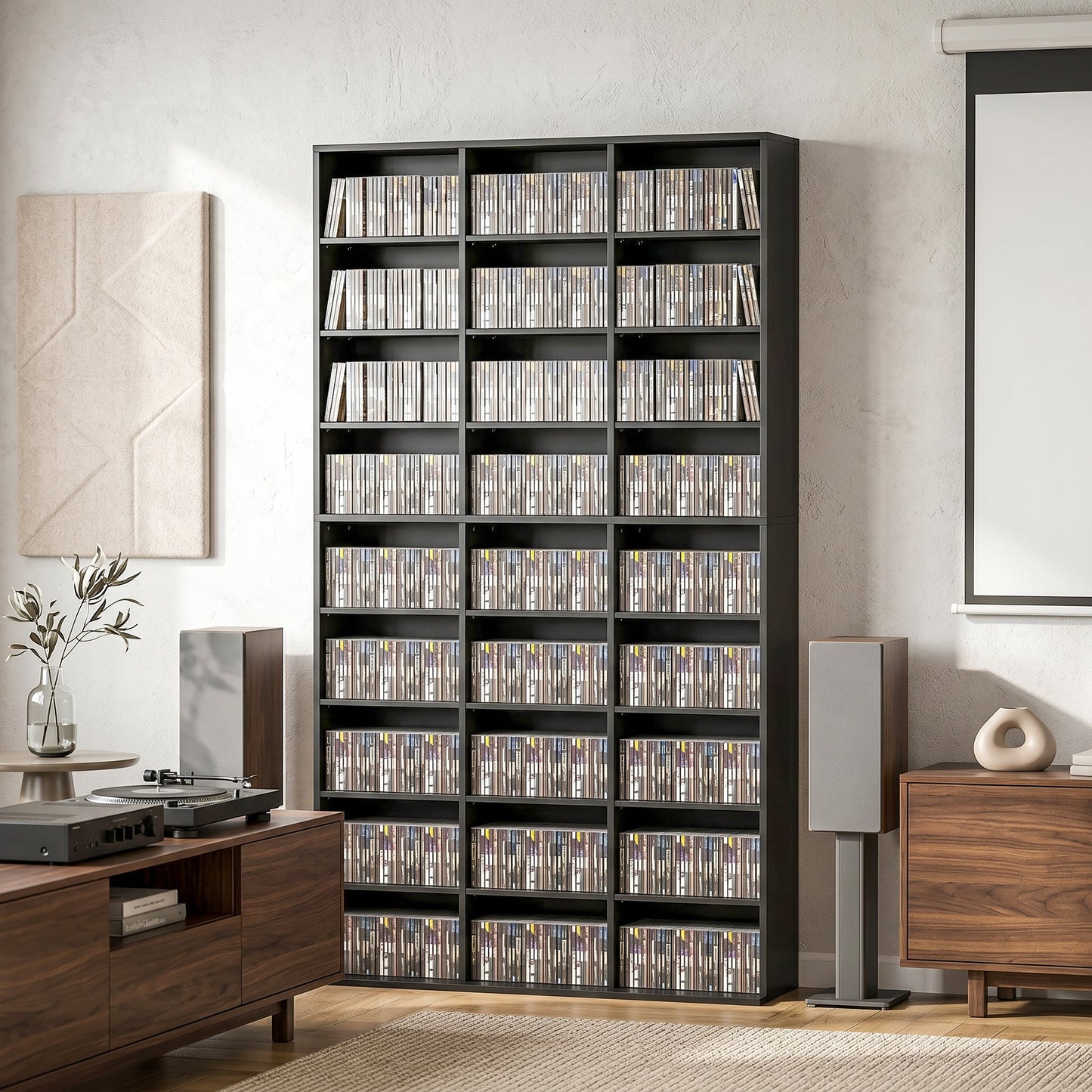 835 CD/500 DVD Storage Unit, Blu-ray Media Storage Shelf with 27 Compartments and 21 Adjustable Shelves, CD Tower for Living Room, Bedroom, Office, Black