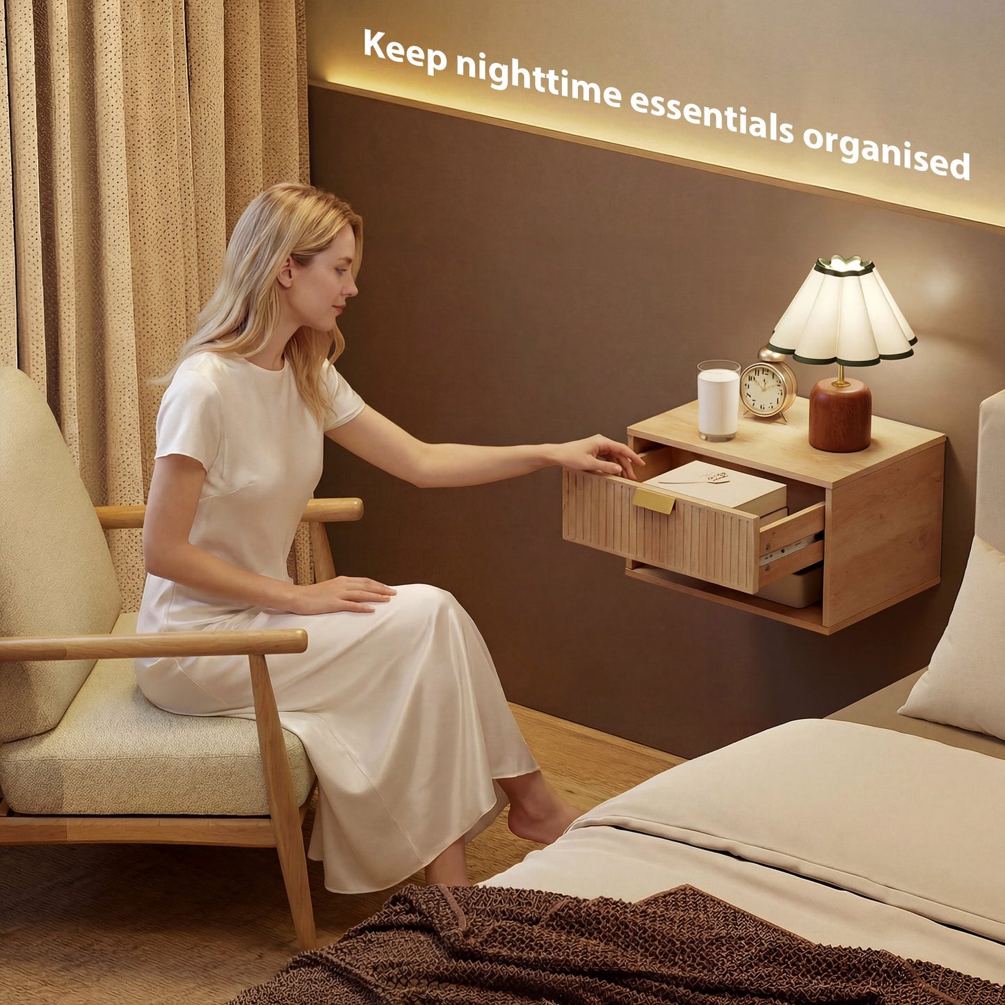 Floating Bedside Tables Set of 2, Wall Mounted Nightstands with Fluted Drawer and Open Shelf for Small Bedroom, Modern Bedside Table, 40 x 30 x 25 cm, Oak