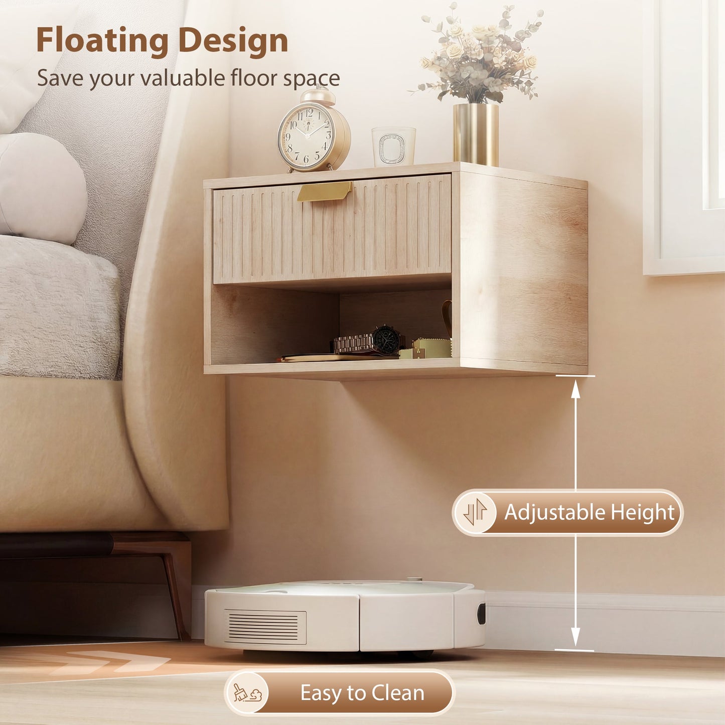 Floating Bedside Tables Set of 2, Wall Mounted Nightstands with Fluted Drawer and Open Shelf for Small Bedroom, Modern Bedside Table, 40 x 30 x 25 cm, Oak
