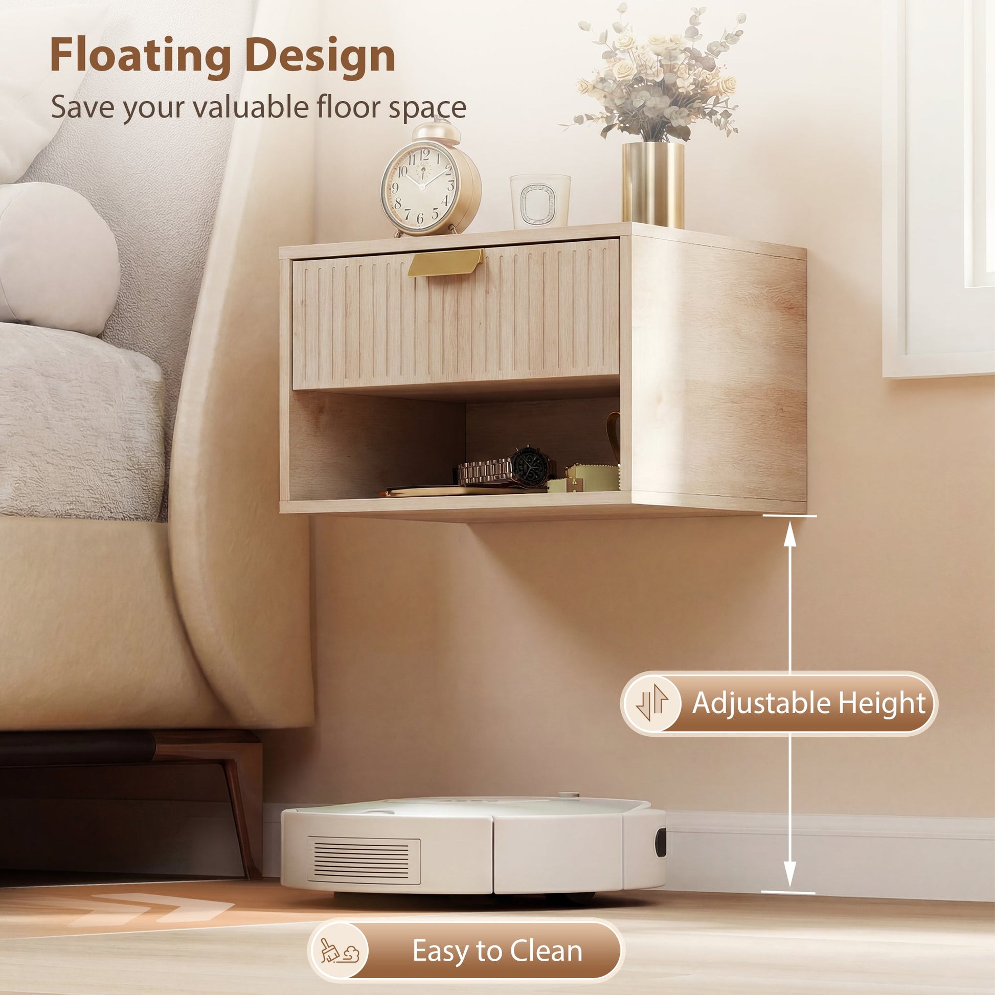 Floating Bedside Tables Set of 2, Wall Mounted Nightstands with Fluted Drawer and Open Shelf for Small Bedroom, Modern Bedside Table, 40 x 30 x 25 cm, Oak