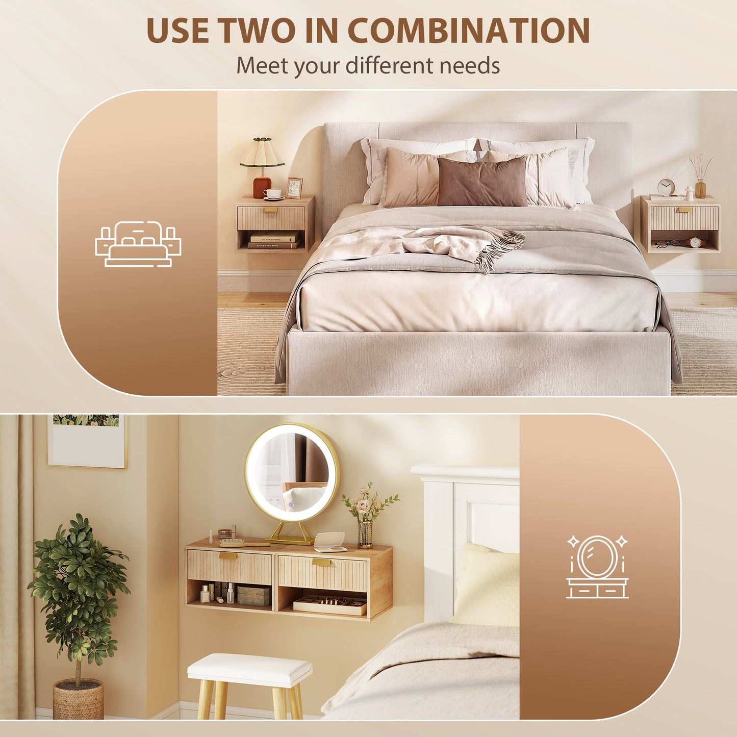 Floating Bedside Tables Set of 2, Wall Mounted Nightstands with Fluted Drawer and Open Shelf for Small Bedroom, Modern Bedside Table, 40 x 30 x 25 cm, Oak