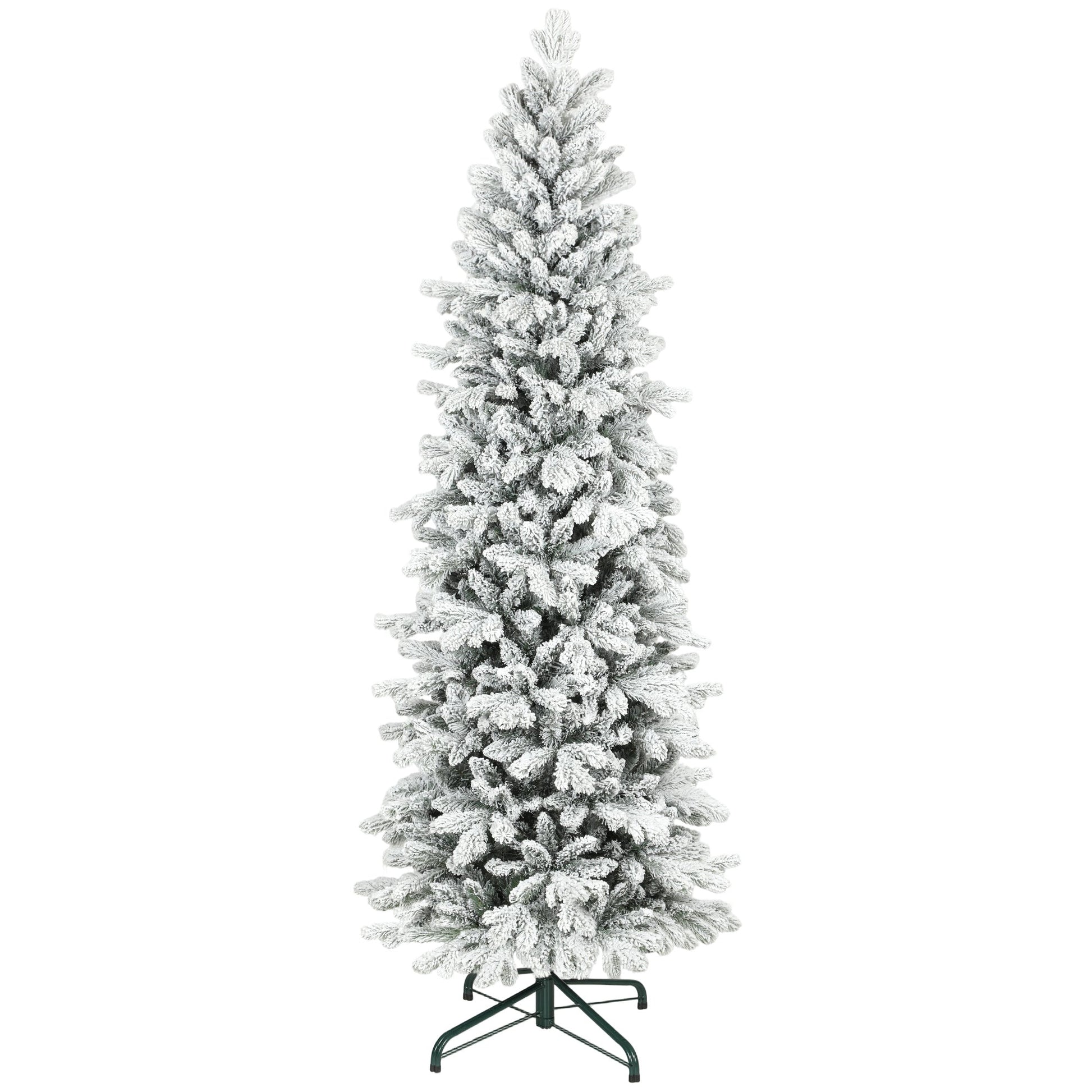 7ft Flocked Christmas Tree, Hinged Pencil Christmas Tree with 972 Tips, Realistic Branches, Easy Assembly, Slim Shape, Artificial Xmas Home Decoration, Green White