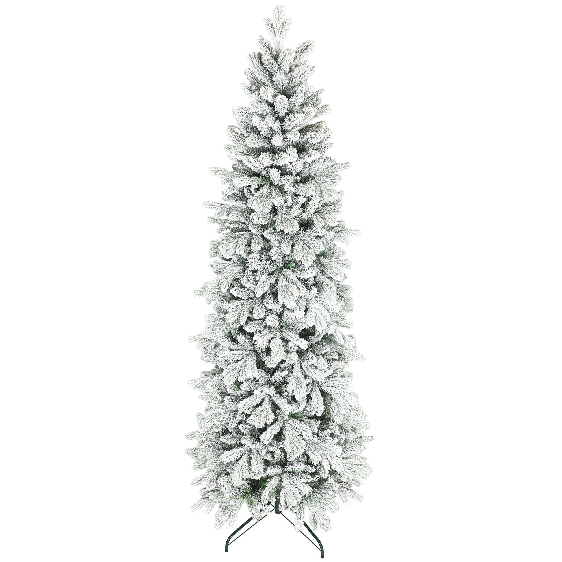 7ft Flocked Christmas Tree, Hinged Pencil Christmas Tree with 972 Tips, Realistic Branches, Easy Assembly, Slim Shape, Artificial Xmas Home Decoration, Green White