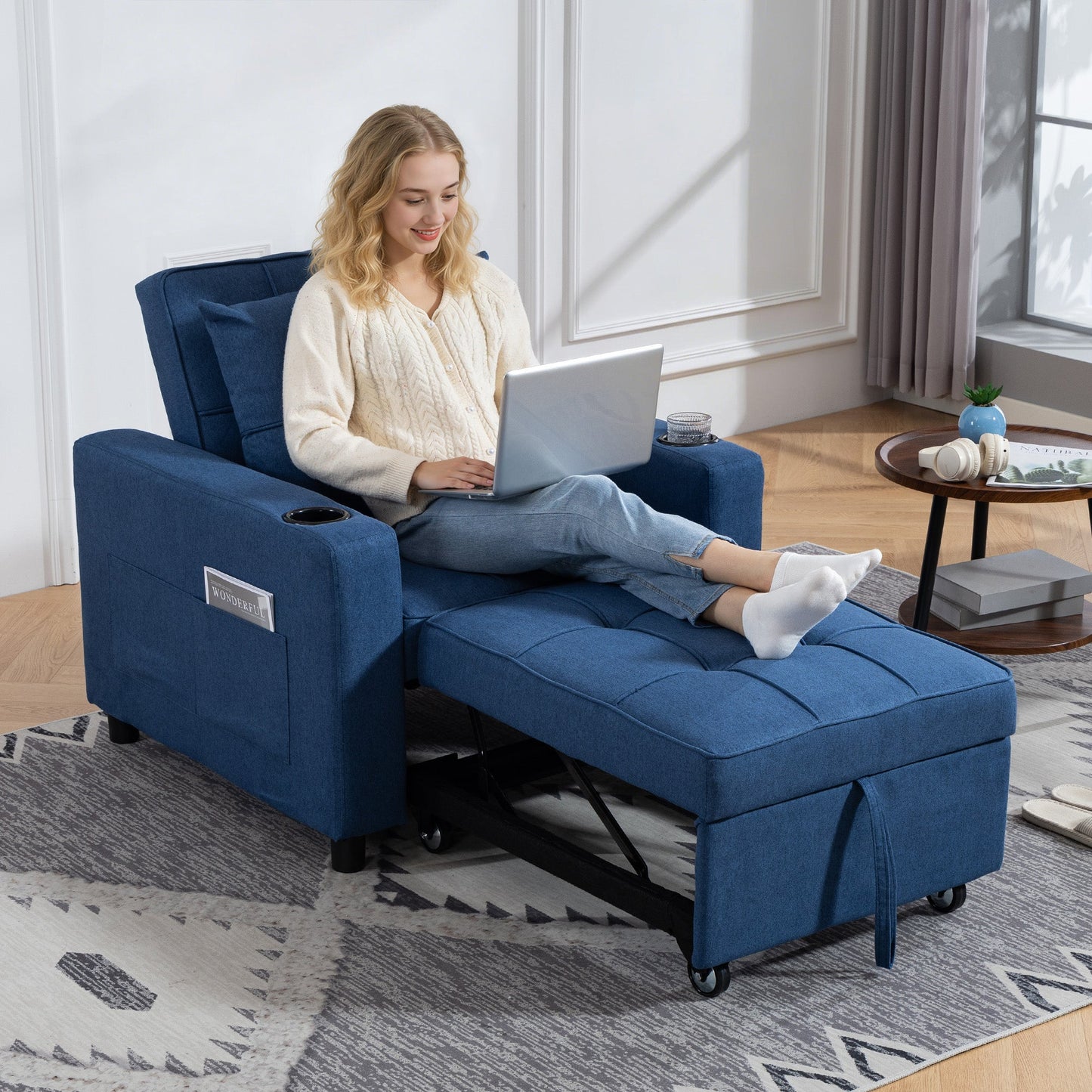 3-in-1 Single Sofa Bed, Convertible Sleeper Chair Bed with Adjustable Backrest, Fabric Pull Out Chair with Pillow, Side Pockets and Cup Holders for Living Room, Bedroom, Small Space, Dark Blue