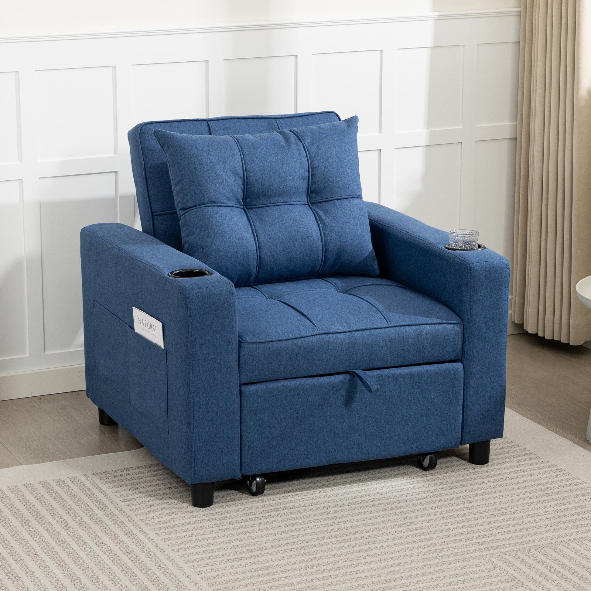 3-in-1 Single Sofa Bed, Convertible Sleeper Chair Bed with Adjustable Backrest, Fabric Pull Out Chair with Pillow, Side Pockets and Cup Holders for Living Room, Bedroom, Small Space, Dark Blue