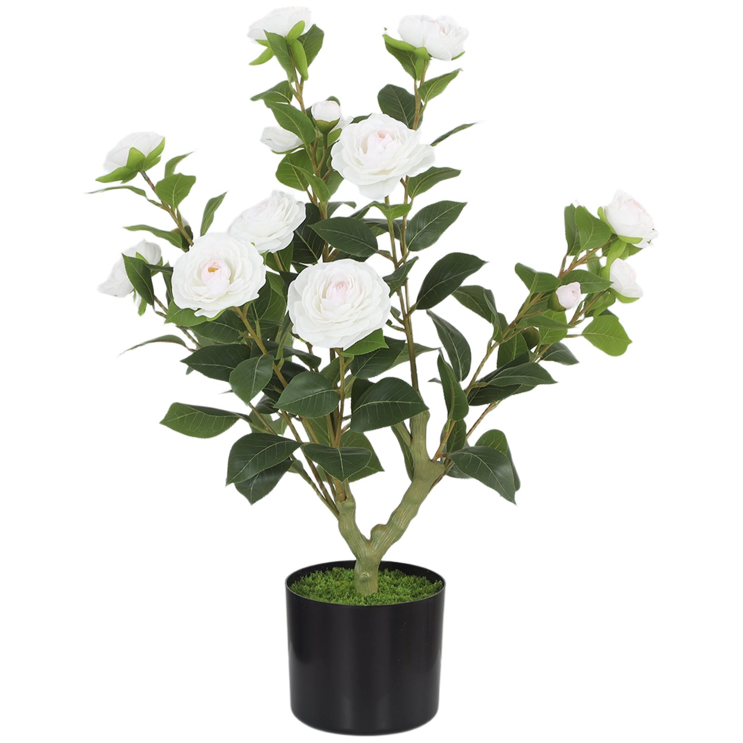 65cm Artificial Camellia Flower Plant in Pot, Realistic Silk Flowers with 116 Lush Leaves & Moss Effect, Faux Tree for Outdoor Indoor Garden Porch Decor