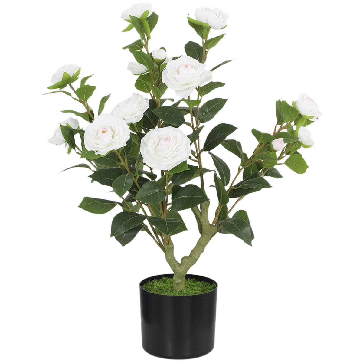 65cm Artificial Camellia Flower Plant in Pot, Realistic Silk Flowers with 116 Lush Leaves & Moss Effect, Faux Tree for Outdoor Indoor Garden Porch Decor
